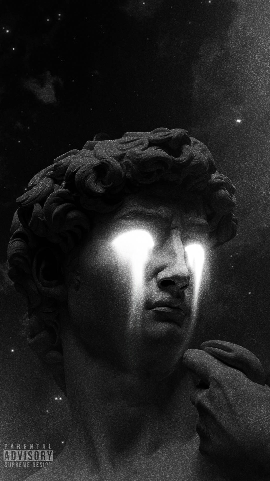 Greek Aesthetic 桌布 壁紙 — 單色的大衛雕像，發光的眼睛，背景是星空宇宙，手觸碰臉頰。