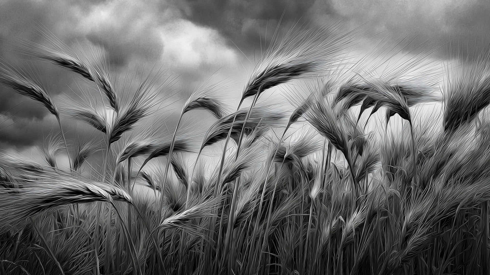Monochromatic Wheat Field Texture Under Overcast Skies 壁紙 — 單色的小麥莖在動盪多雲的天空背景下以高對比度黑白戲劇性地搖擺。