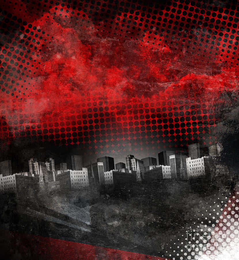 Red Grunge 桌布 壁紙 — 單色粗糙的城市天際線，下方是帶有磨損紋理的威脅性紅色半色調天空。