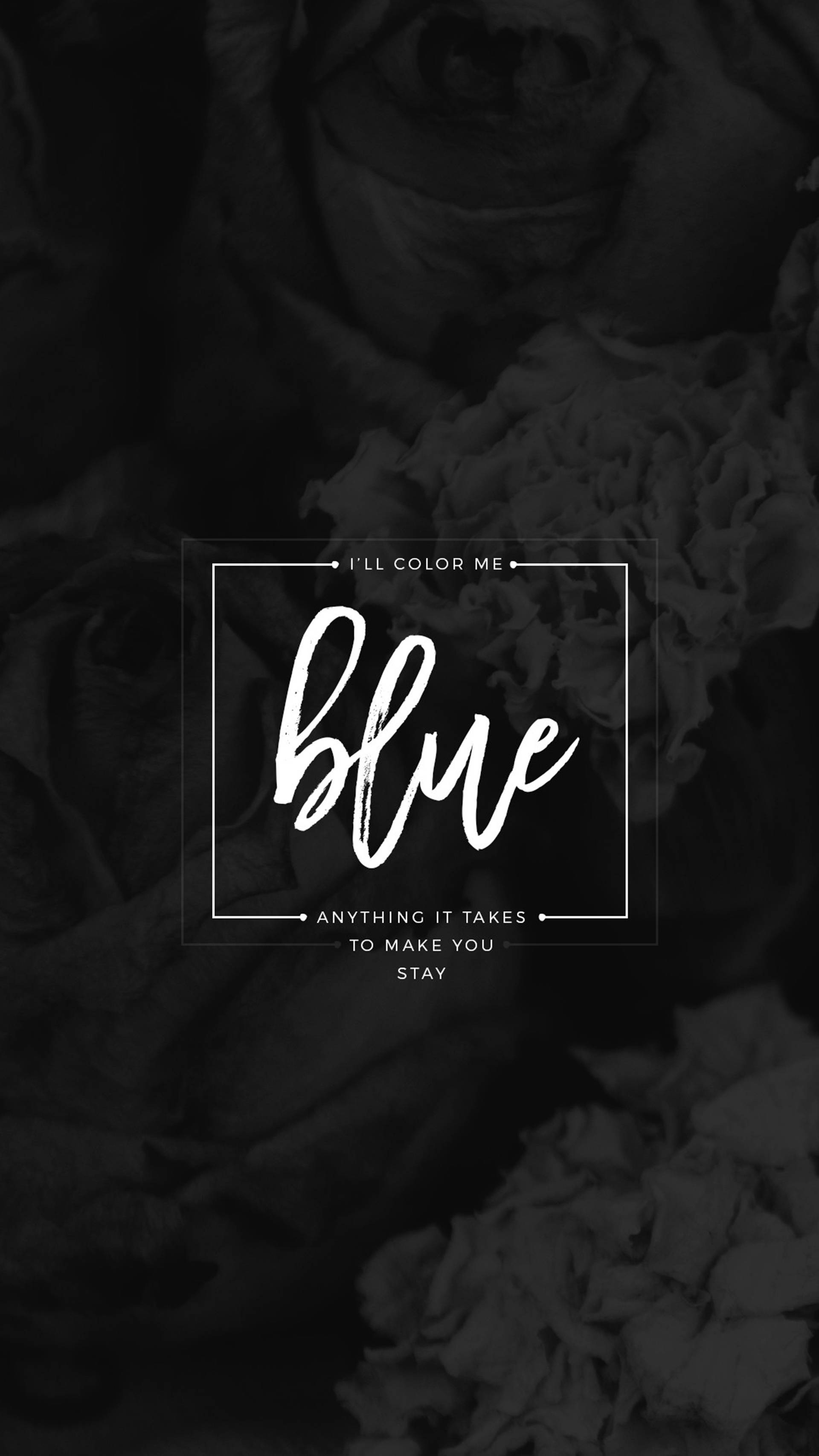超炫 iPhone 桌布 壁紙 — 單色花卉背景，帶有白色框架文字疊加，寫著「I'll color me blue anything it takes to make you stay」。