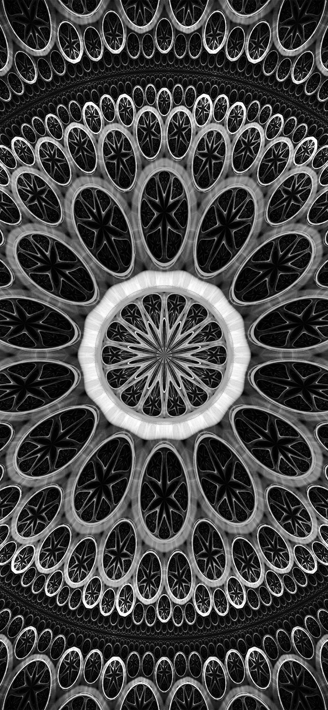 Dark Psychedelic iPhone 桌布 壁紙 — 單色萬花筒圖案從中央玫瑰窗向外輻射，同心圓中重複著星爆圖案。