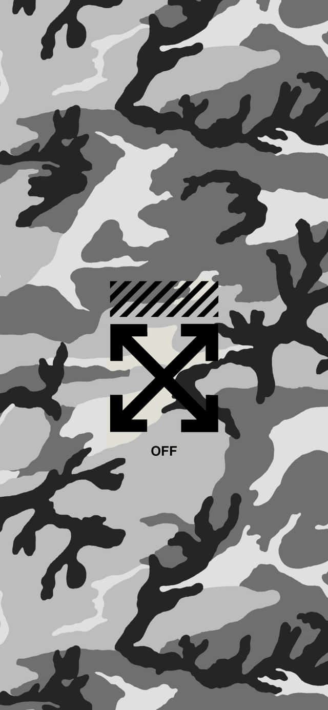 Off White iPhone 桌布 壁紙 — 單色迷彩圖案壁紙，中央以灰色和黑色斑點為背景，印有醒目的黑色OffWhite標誌。