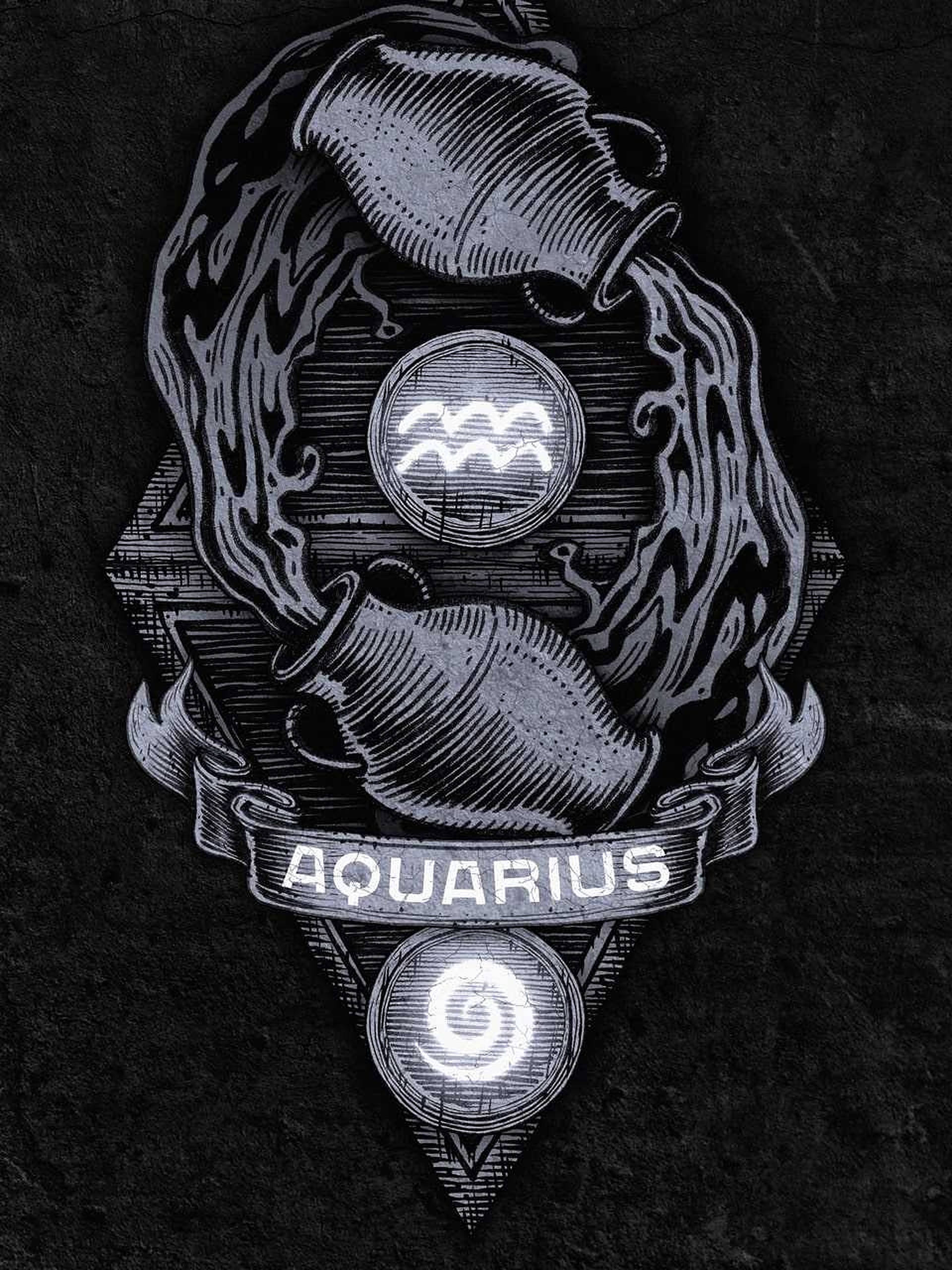 aquarius 桌布 壁紙 — 單色雕刻水瓶座星座徽章，帶有流動的水和發光符號，位於紋理深色背景上。