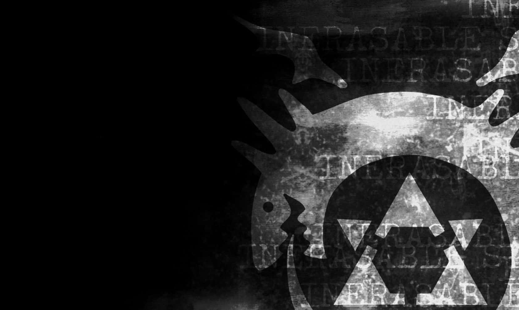 Fullmetal Alchemist 桌布 壁紙 — 單色風格化鹿剪影，帶有幾何圖案和重複文字疊加，置於深色紋理背景上。