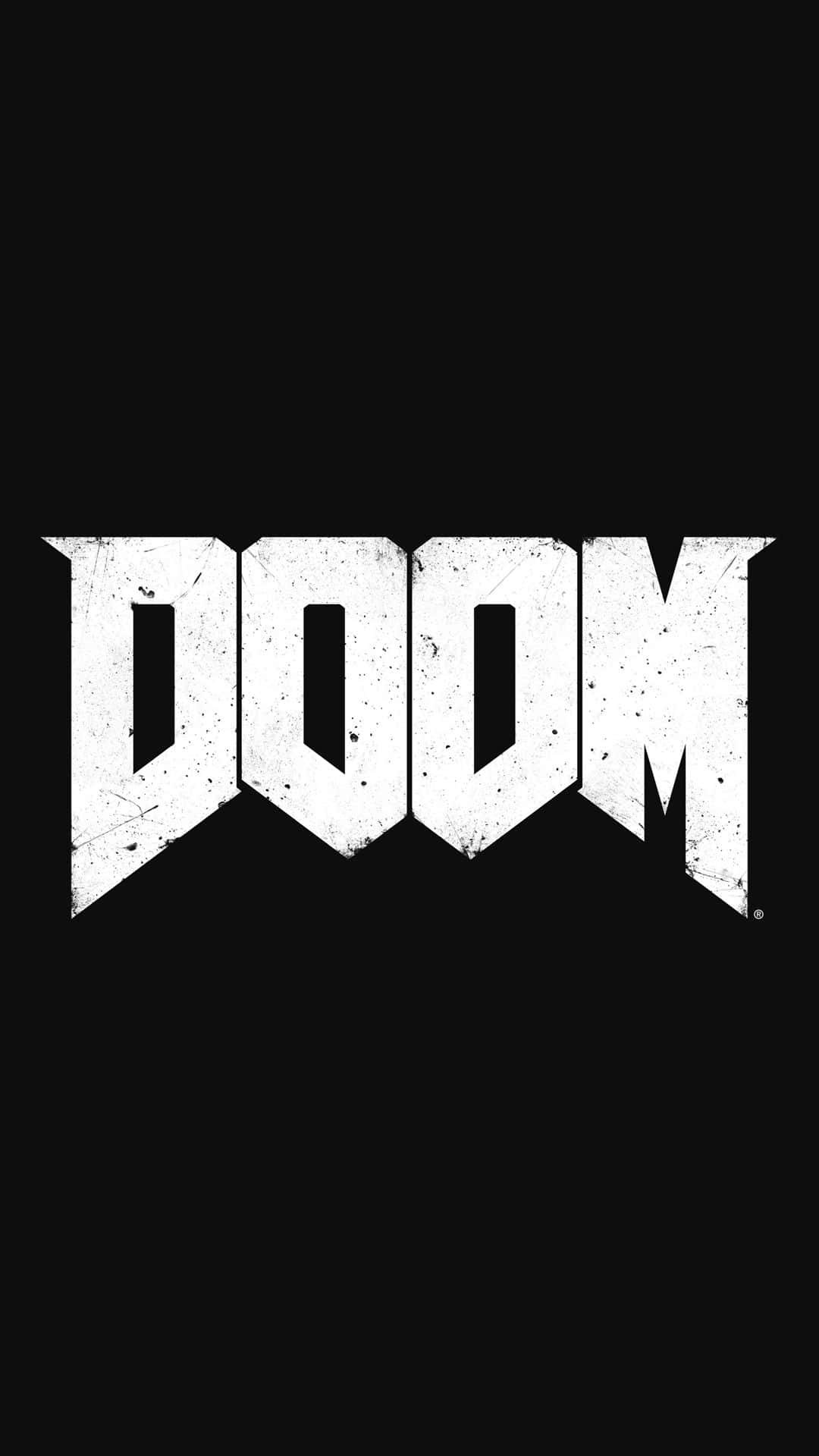 game 桌布 壁紙 — 單詞 DOOM 以粗體白色磨損字體居中顯示在純黑色背景上。