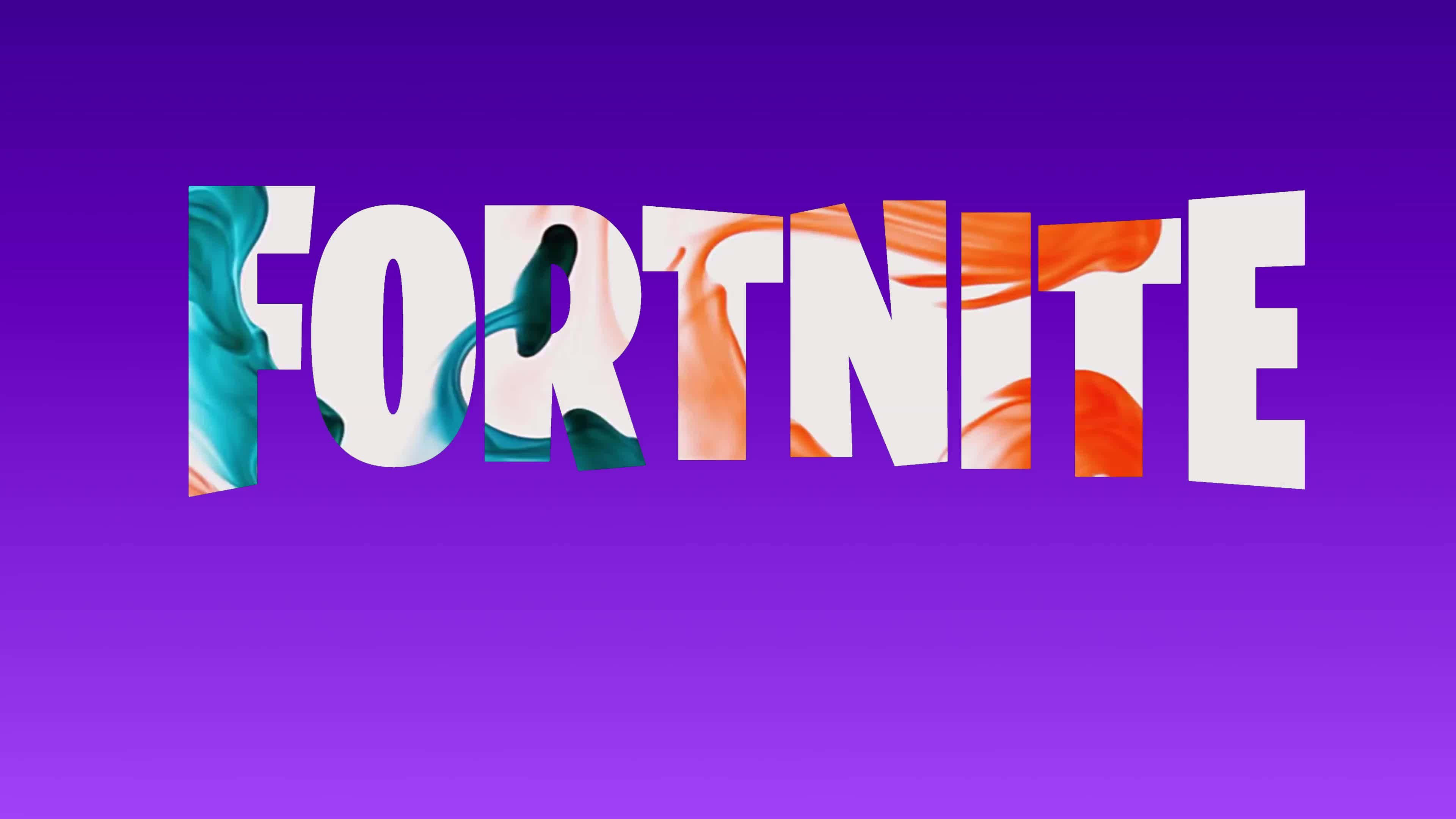 桌布 壁紙 — 單詞「FORTNITE」以粗體白色字母呈現，每個字母內有藍綠色和橙色油漆飛濺，背景為紫色漸變。
