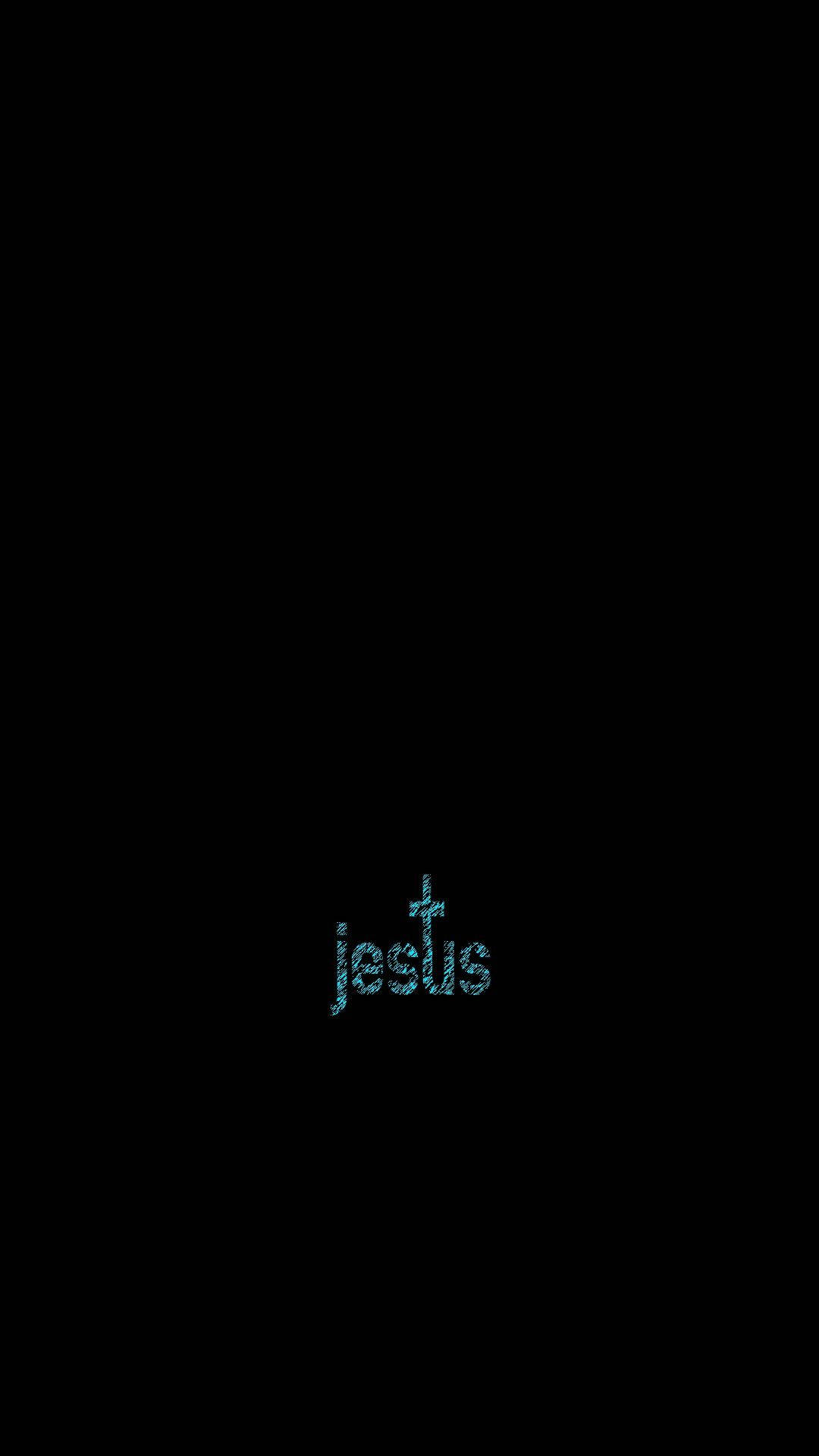 在黑色背景上顯示 jesus 的發光藍色像素文字。 — 極簡黑色手機桌布 壁紙