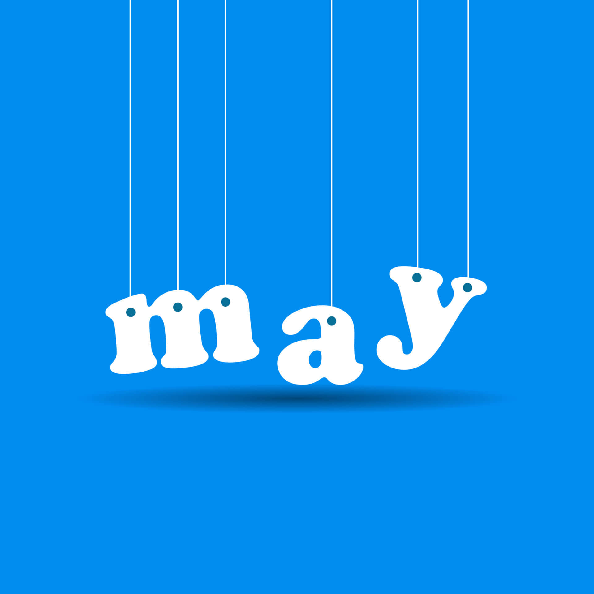 May 桌布 壁紙 — 單詞 may 用細白繩懸掛在純藍色背景上，帶有柔和陰影。