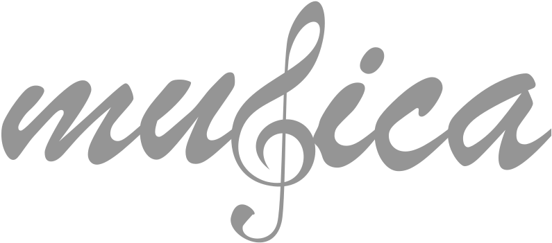 Treble Clef 桌布 壁紙 — 單詞 musica 以優雅的灰色草書書寫，並用高音譜號代替字母 'u'，背景為黑色。