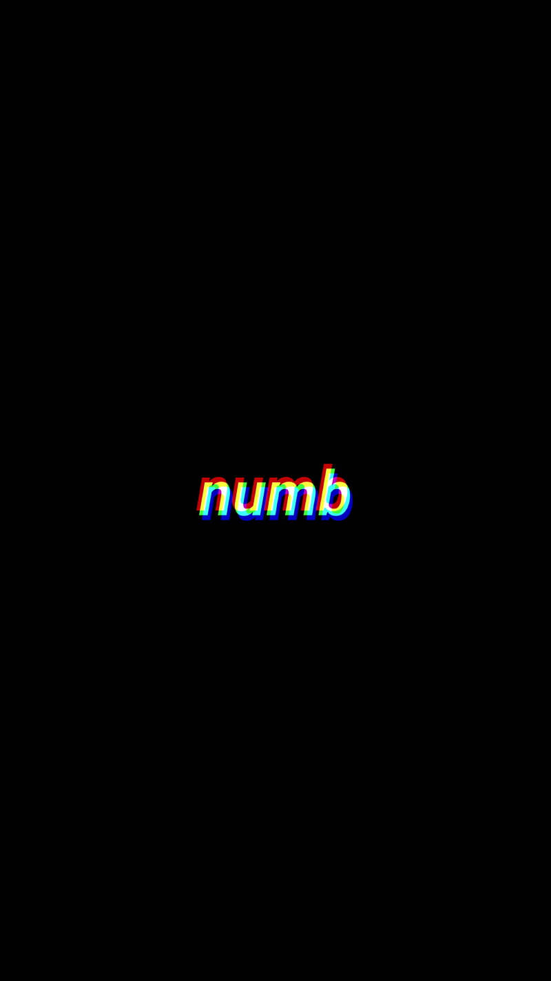 黑暗悲傷動圖 桌布 壁紙 — 單詞「numb」在純黑背景上發出彩虹色像差的光芒。