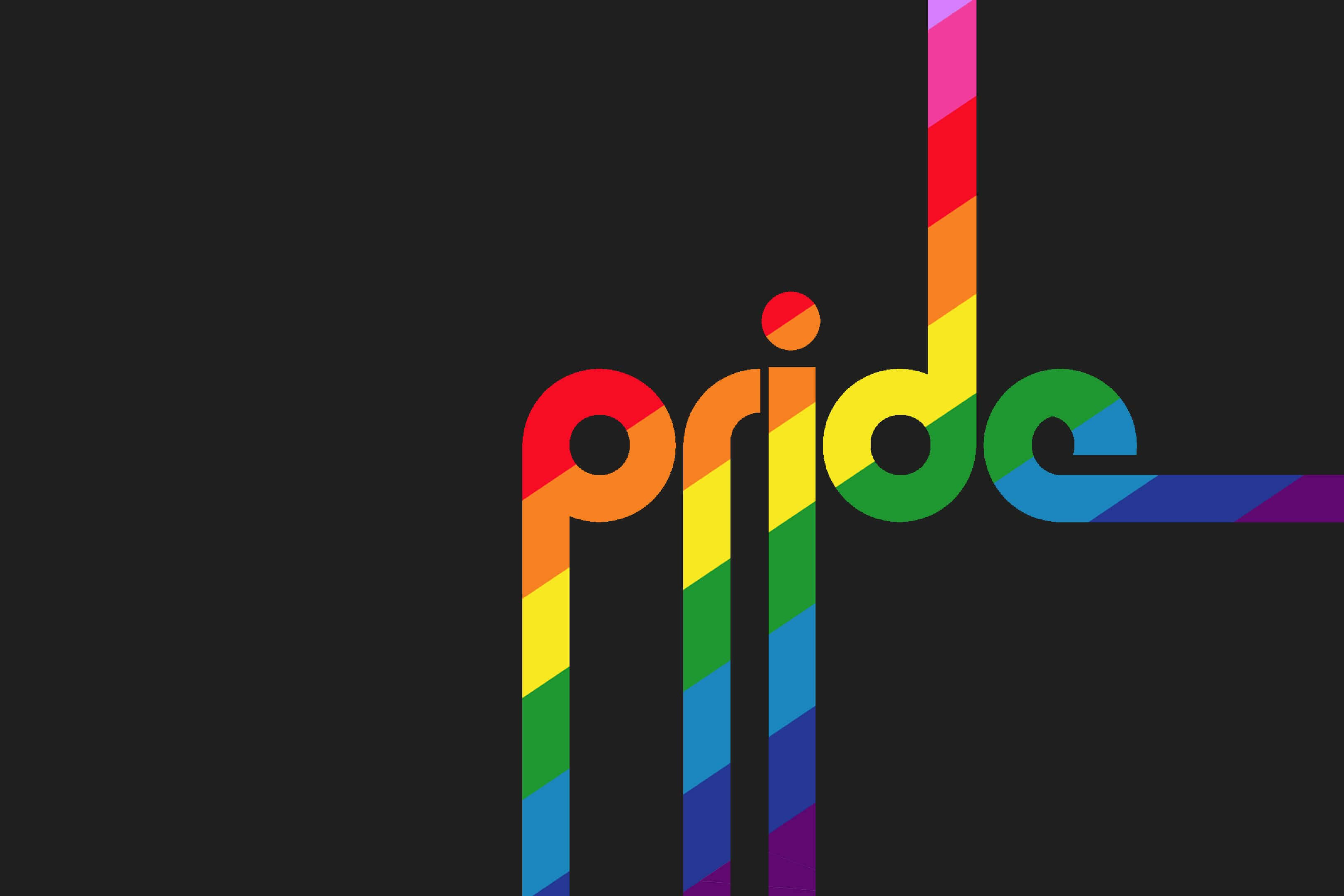 驕傲 桌布 壁紙 — 單詞 pride 以粗體彩虹條紋呈現在純黑色背景上。