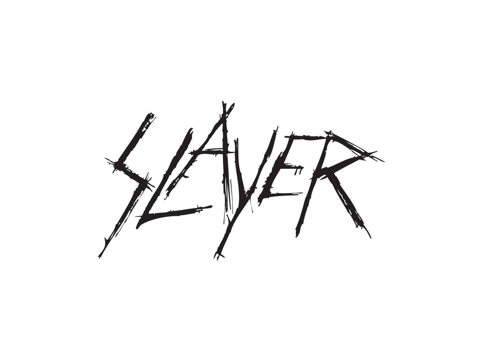 Slayer 桌布 壁紙 — 單詞 'SLAYER' 以粗體鋸齒狀黑色刷筆字體印在純白背景上。