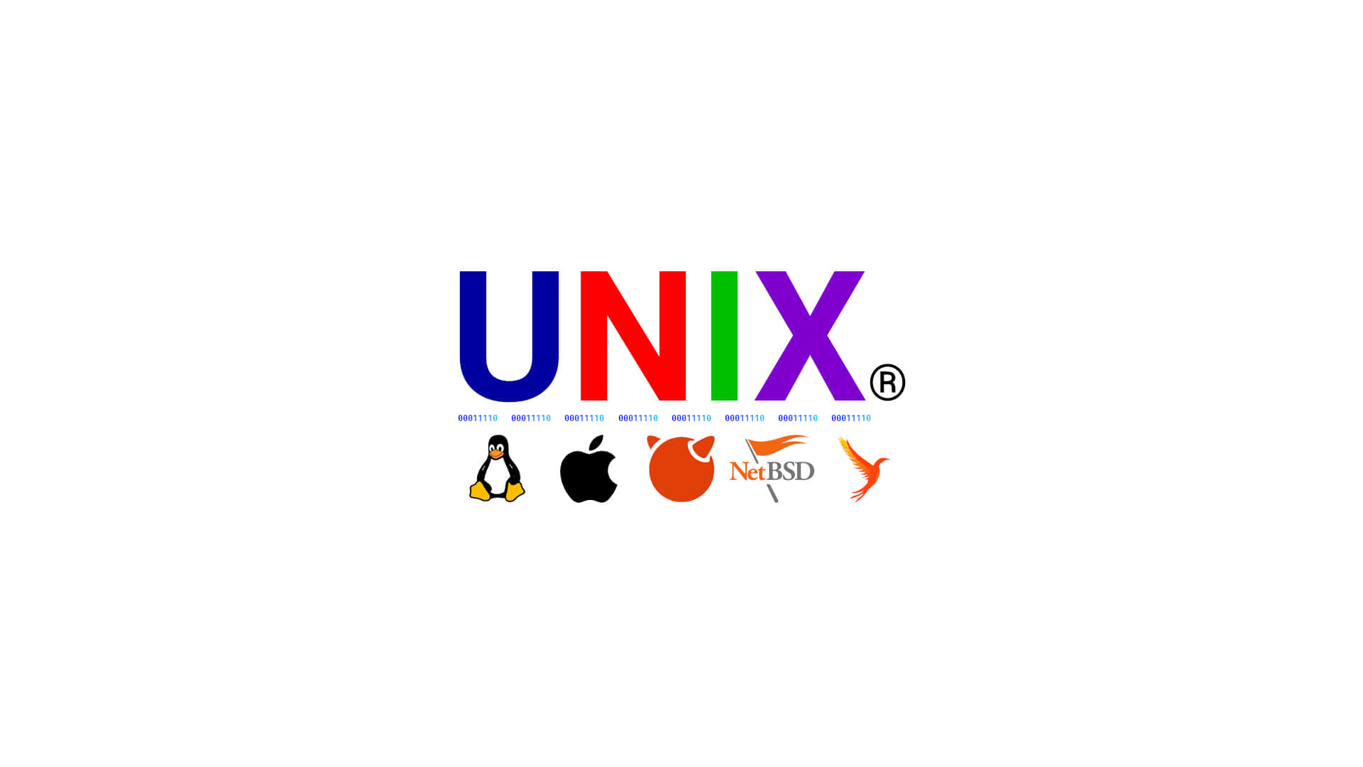 Operating System 桌布 壁紙 — 單詞「UNIX」以粗體彩虹字母呈現，下方有五個作業系統標誌，背景為純白色。