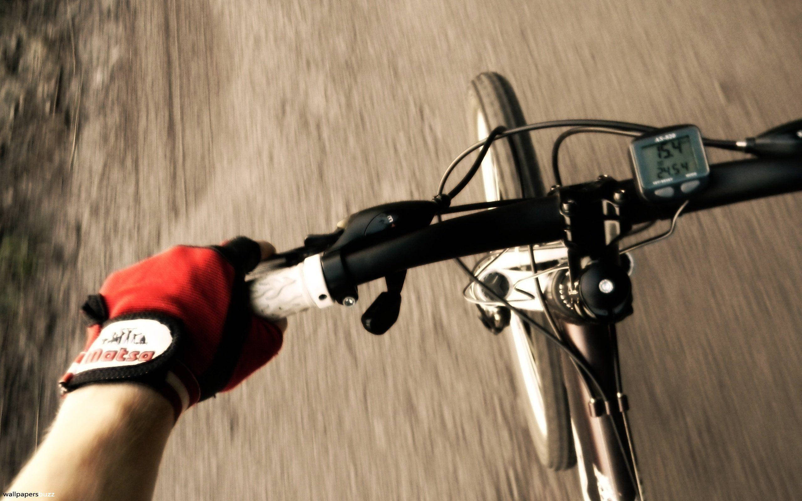 bike riding 桌布 壁紙 — 單車手戴紅色手套握住把手的第一人稱視角，前方道路因動態模糊而變得模糊。