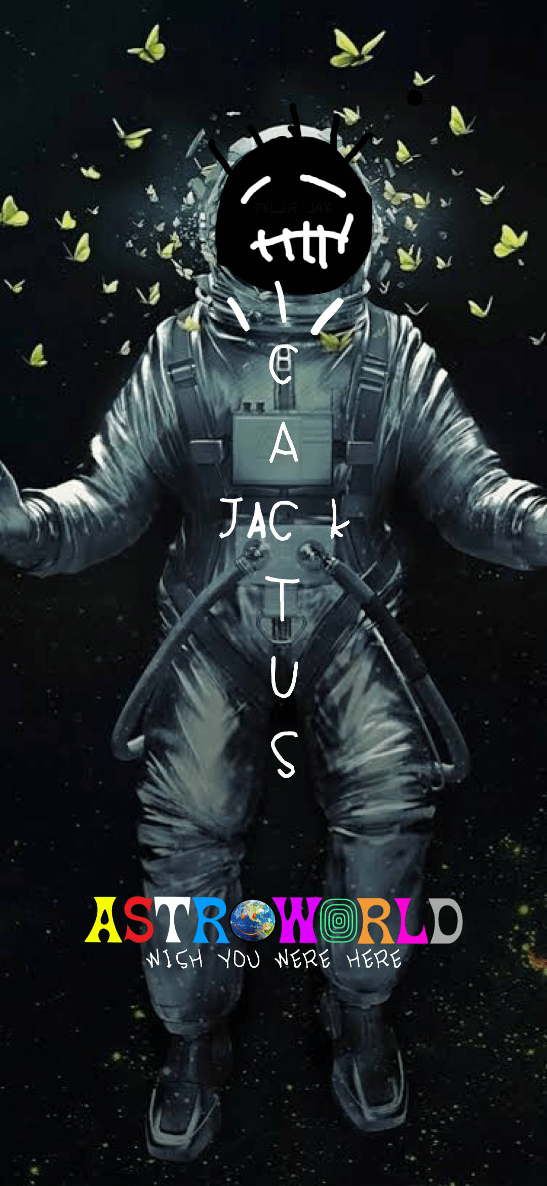 Cactus Jack 桌布 壁紙 — 嘴巴被縫住的太空人，以及漂浮在星空黑色背景中的黃色蝴蝶。