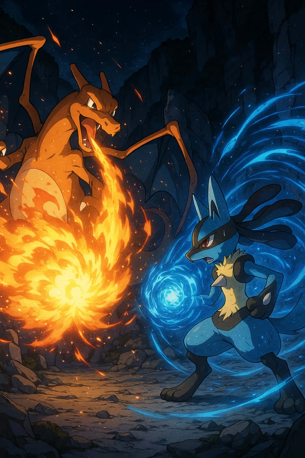 Charizard Pokemon HD Wallpaper WEBP 4K Background Download 壁紙 — 噴火龍噴火，而路卡利歐在岩石夜間戰鬥場景中引導藍色能量。