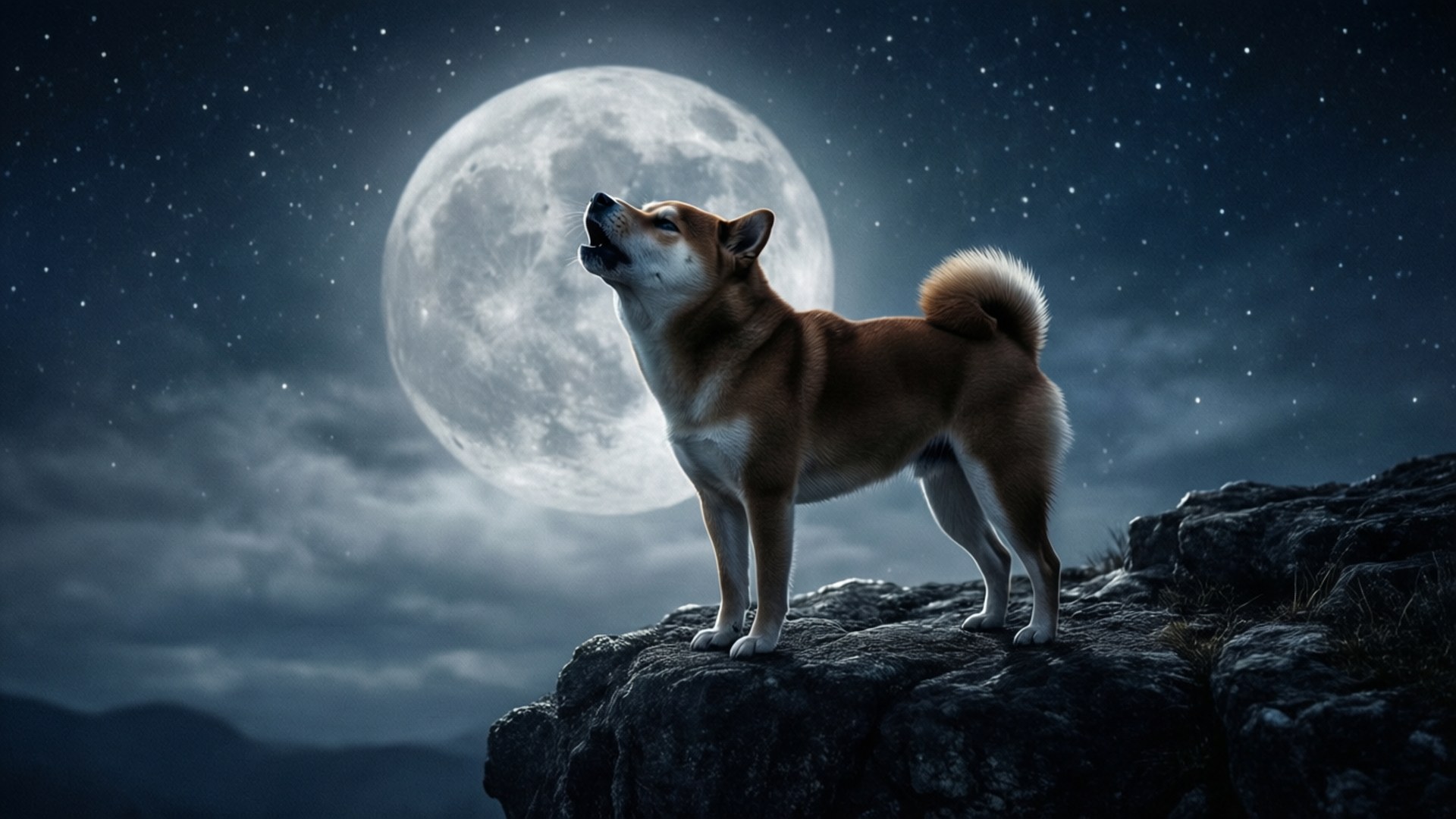 嚎叫的Doge 壁紙 — 一隻柴犬站在岩石峭壁上，在繁星點點的夜空下對著巨大的發光月亮嚎叫。