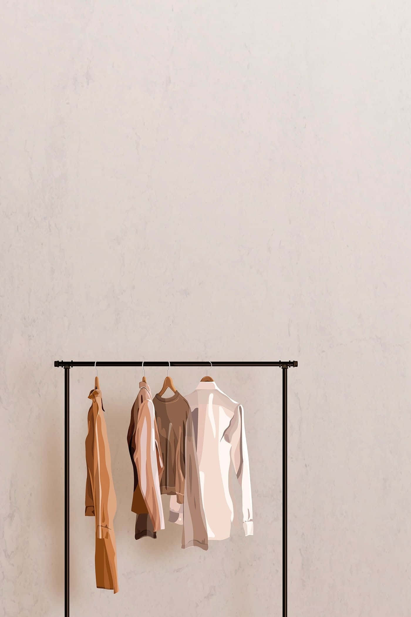 Clothing Design 桌布 壁紙 — 四件大地色調的衣物整齊地掛在一個簡約黑色衣架上，背景是有紋理的米白色牆。