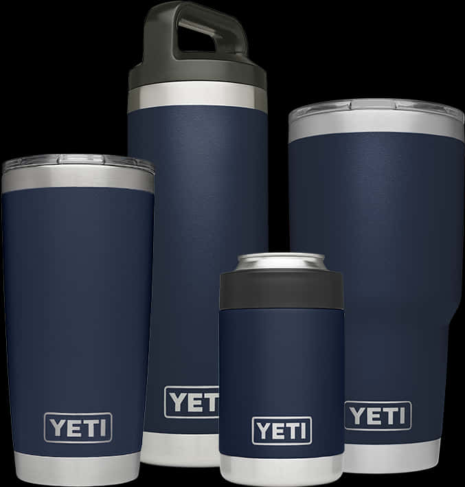 Container 桌布 壁紙 — 四件海軍藍色 Yeti 隔熱飲具，帶銀色飾邊和灰色蓋子，排列在黑色背景上。