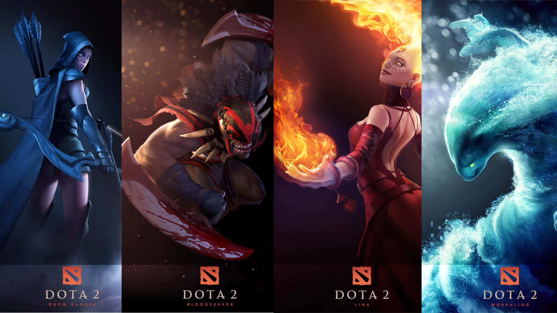1920x1080 Dota 2 桌布 壁紙 — 四位 Dota 2 英雄以戲劇性的姿勢描繪，元素力量在他們周圍發光，背景為黑暗。