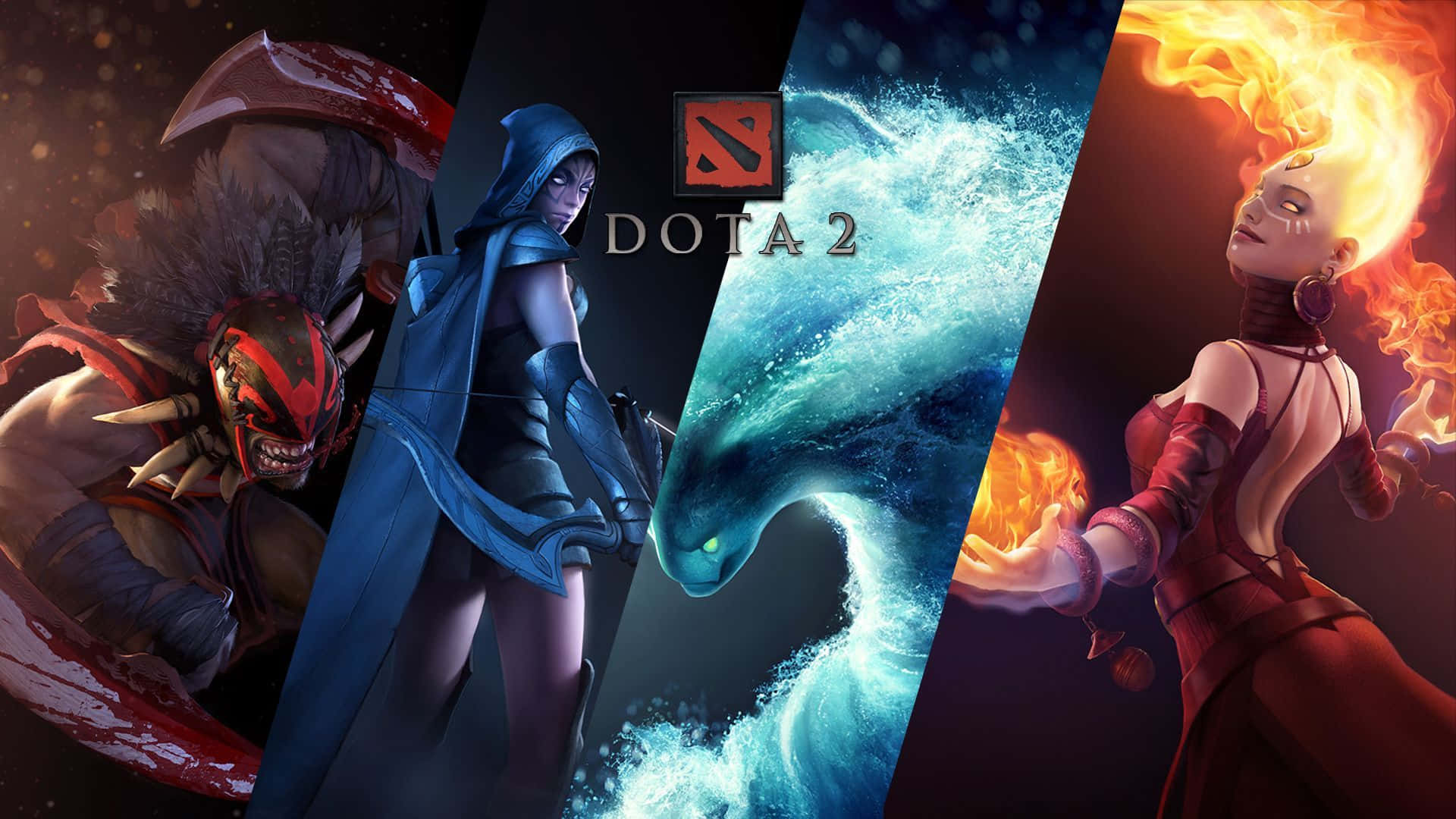 電玩遊戲 桌布 壁紙 — 四位《Dota 2》英雄以戲劇性姿勢呈現，帶有火焰之水與黑暗奇幻元素。