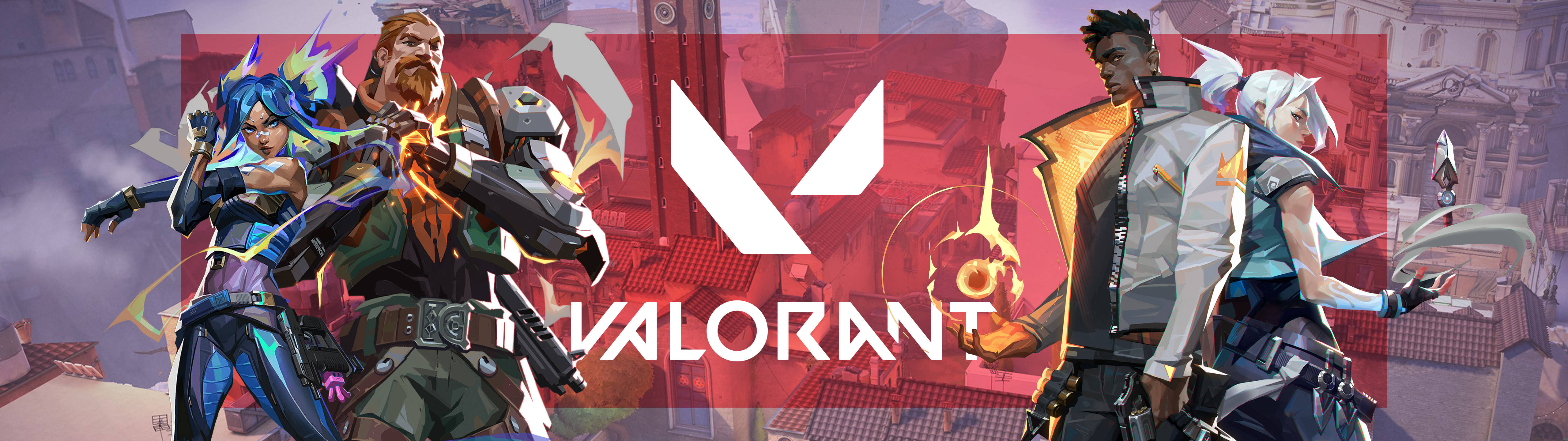 5120x1440 gaming 桌布 壁紙 — 四位 Valorant 特務以動感戰鬥姿勢手持發光武器，背景為城市。