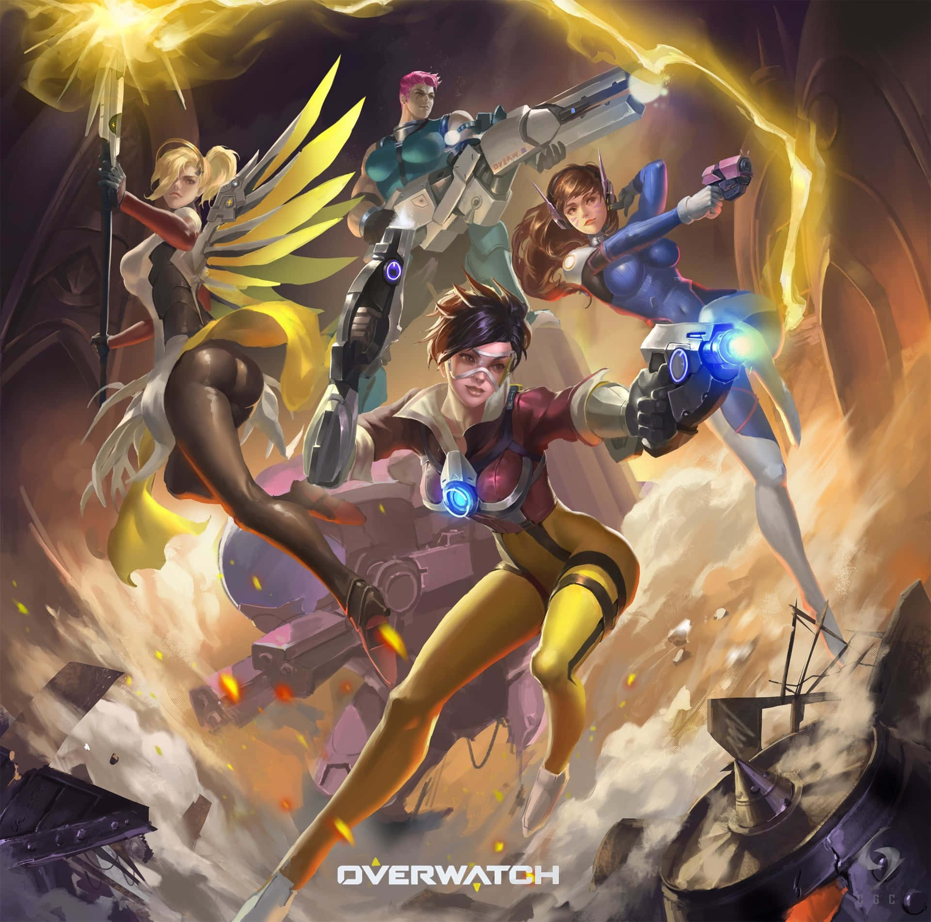 Overwatch Mercy 桌布 壁紙 — 四位《鬥陣特攻》英雄在熾熱爆炸與碎片中擺出動態戰鬥姿勢。