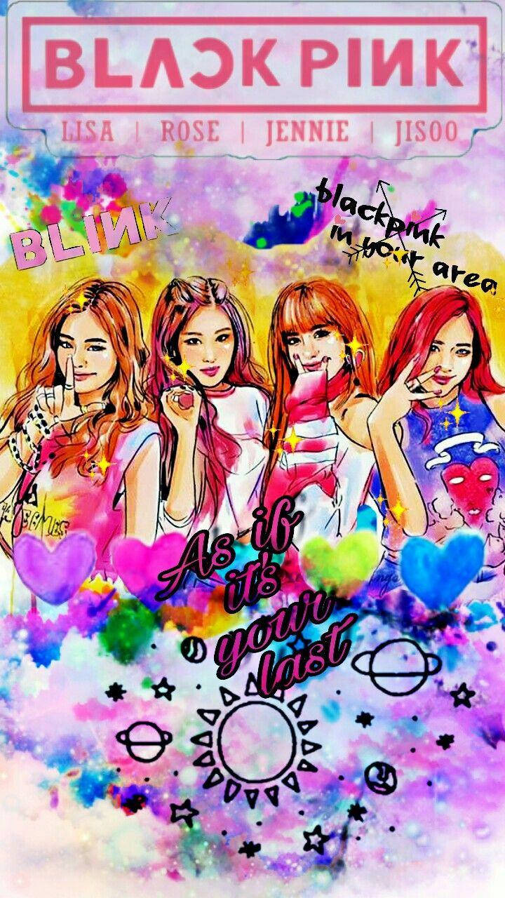 Blackpink成員以色彩繽紛的水彩風格，搭配心形和太空圖案。 — Blackpink 動畫 GIF 壁紙