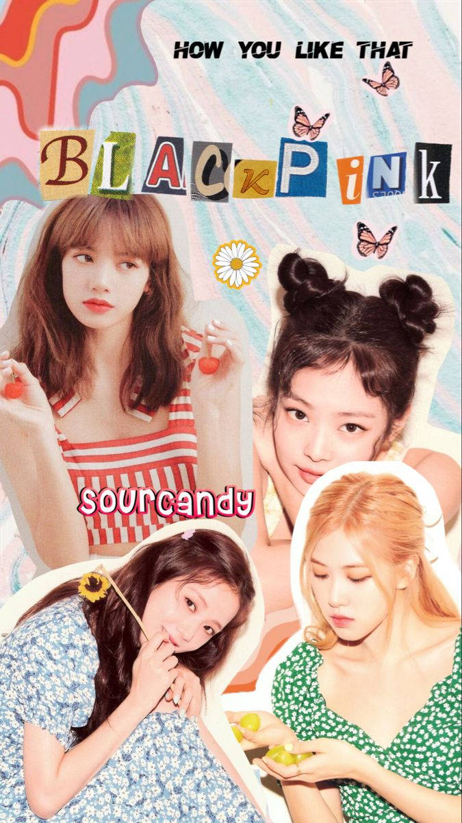 BLACKPINK 桌布 壁紙 — 四位K-pop偶像在色彩繽紛的抽象背景前擺出俏皮姿勢，背景帶有蝴蝶和糖果圖案。
