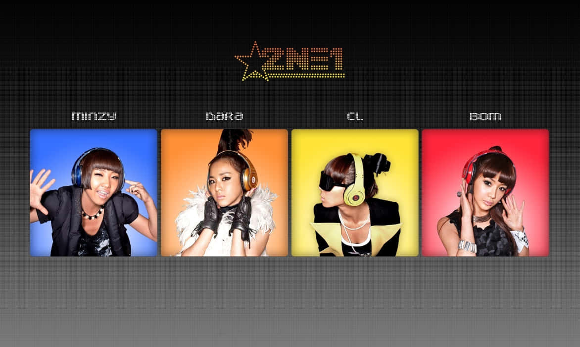 2NE1 桌布 壁紙 — 四位K-pop偶像在色彩繽紛的面板中戴著耳機，在發光的ZN31標誌下擺姿勢。