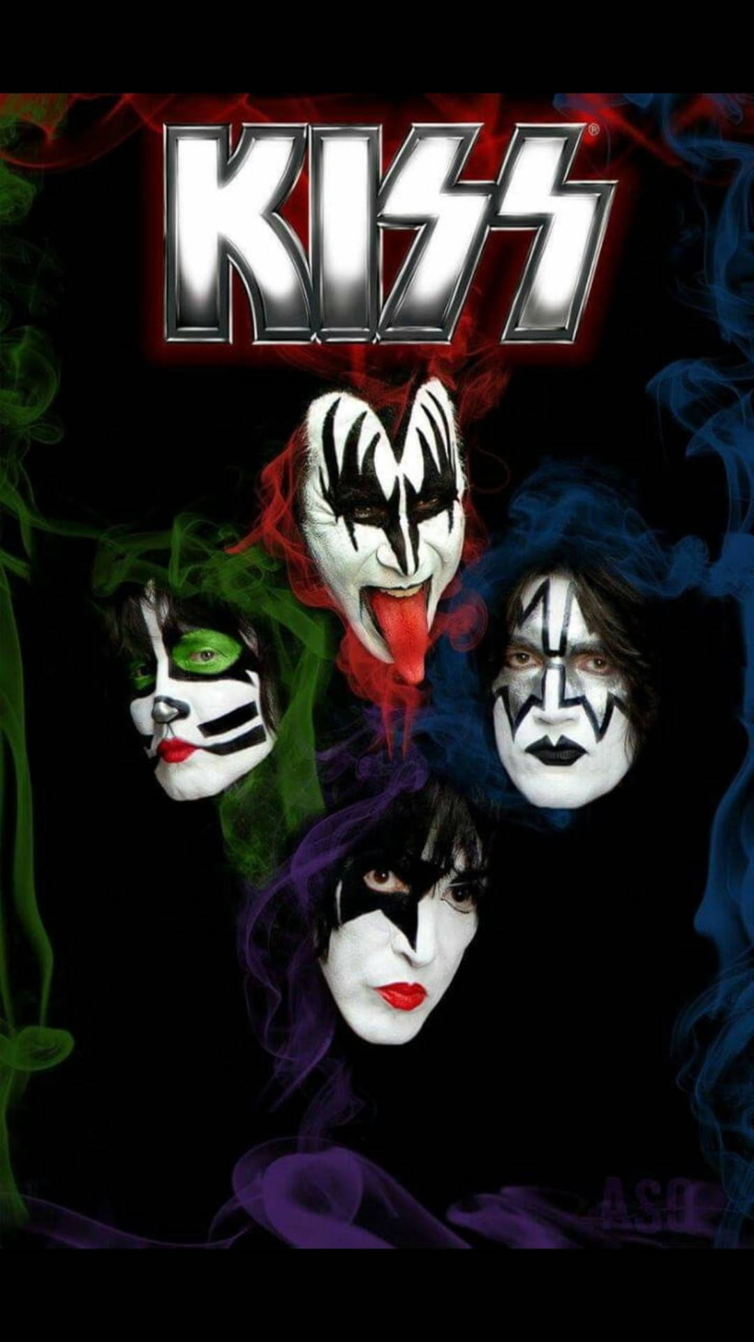 Rock 桌布 壁紙 — 四位KISS成員以標誌性臉部彩繪，被彩色煙霧包圍，背景為黑色。