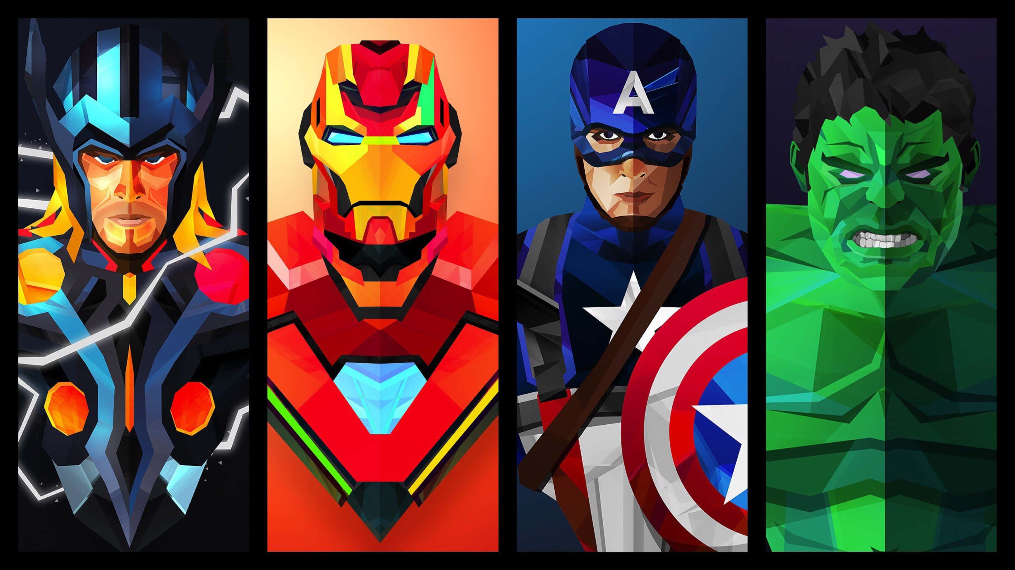 Earth's Mightiest Heroes 桌布 壁紙 — 四位Marvel超級英雄：索爾、鋼鐵人、美國隊長和浩克，以大膽的低多邊形數位藝術風格描繪。
