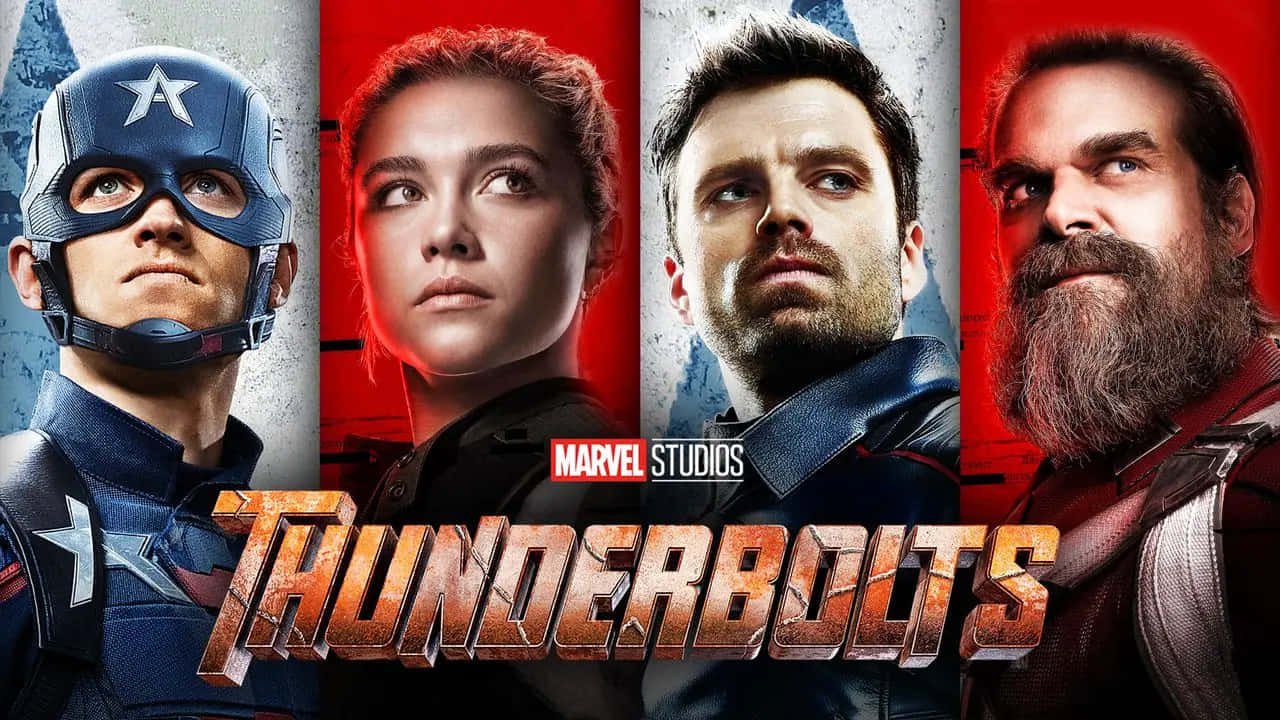 Thunderbolts 桌布 壁紙 — 四位Marvel超級英雄在鮮明的紅色和藍色背景前凝視，電影標題Thunderbolts顯眼地展示。