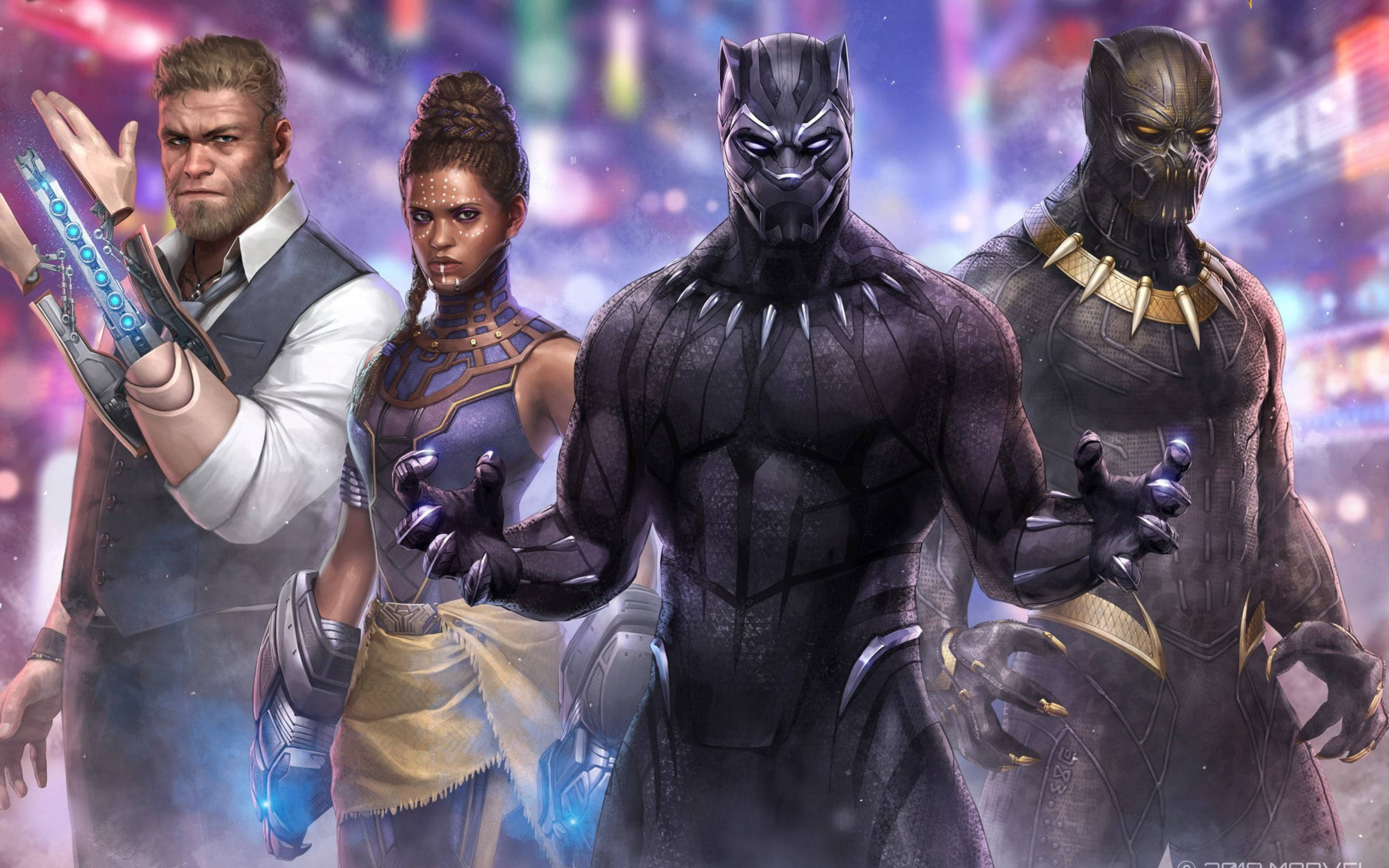 Shuri 桌布 壁紙 — 四位Marvel超級英雄英雄地站在充滿活力的霓虹燈城市景觀中，閃爍的燈光和動態的能量效果。
