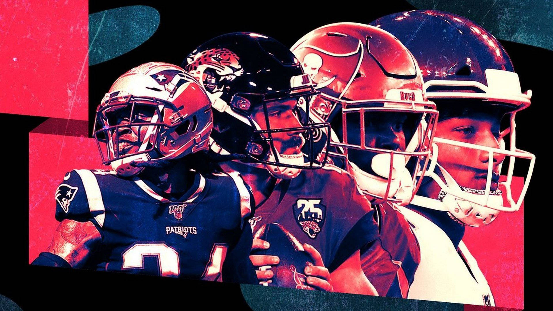 NFL 桌布 壁紙 — 四位NFL四分衛戴著頭盔和球衣，在鮮明的紅色和藍綠色抽象背景前動態擺姿勢。