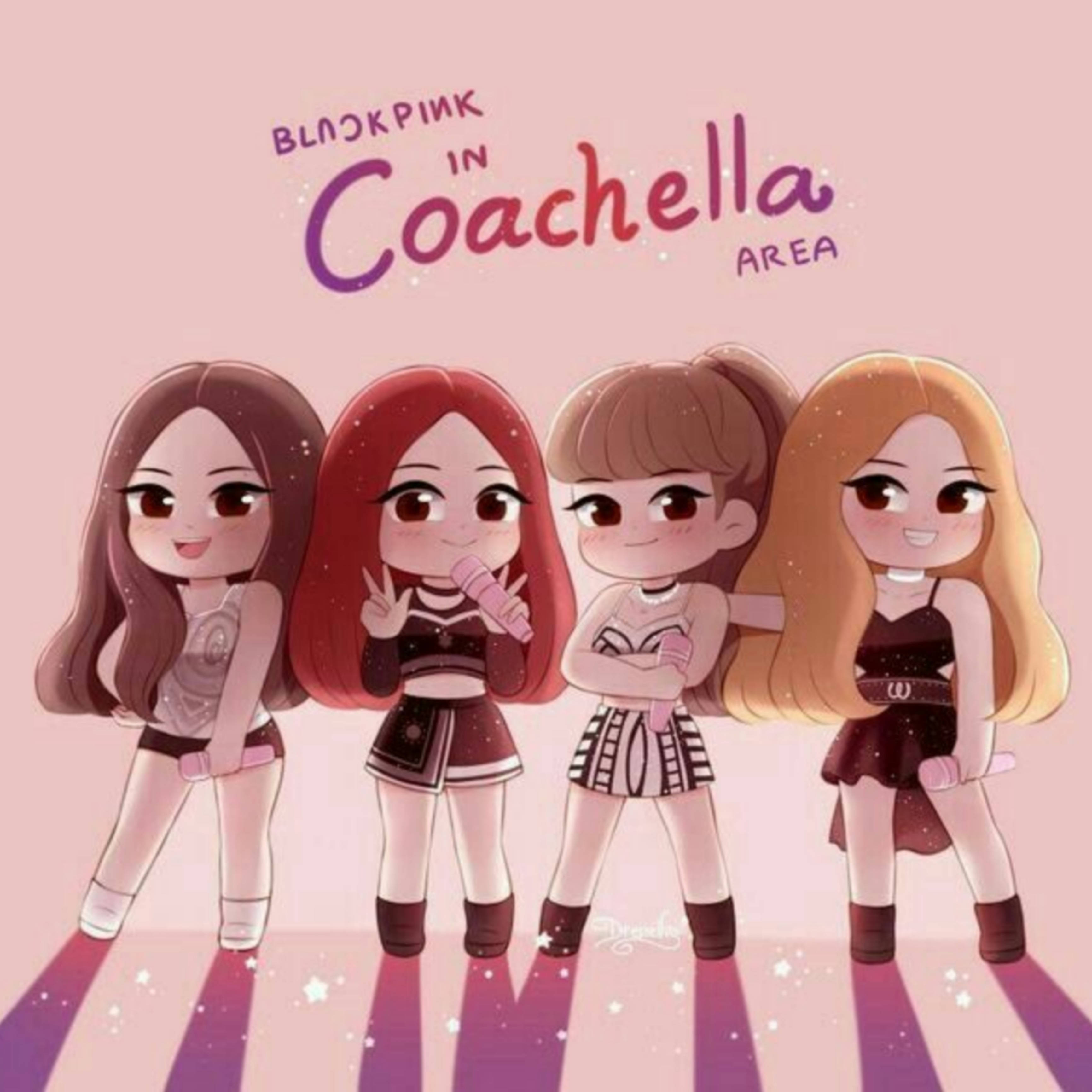 BLACKPINK 桌布 壁紙 — 四位Q版Blackpink成員身穿演唱會服裝，在粉紅色背景前開心擺姿勢，背景有Coachella文字。