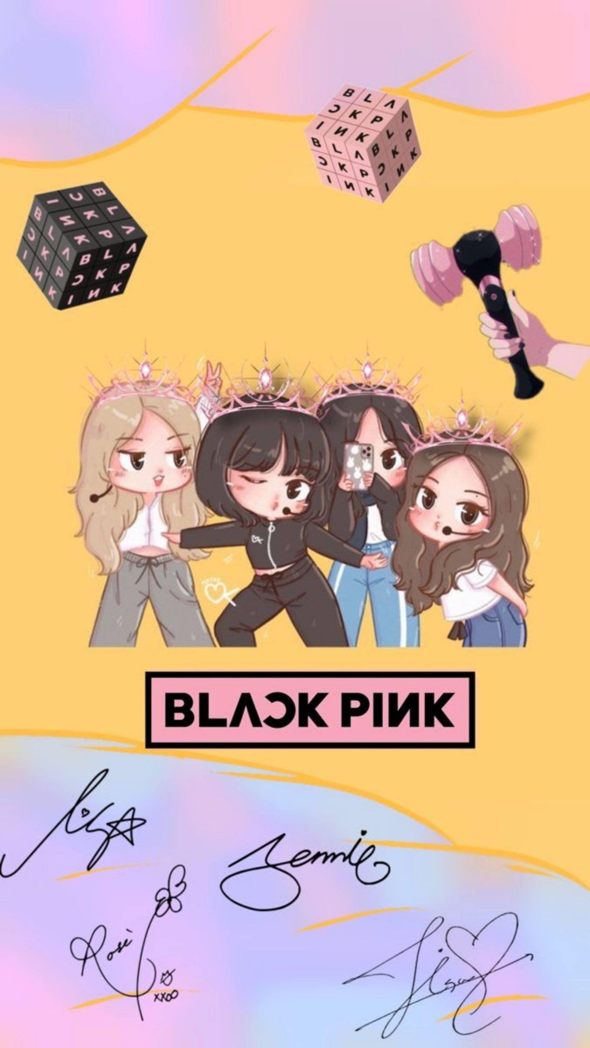 blackpink rose 桌布 壁紙 — 四位Q版風格的Black Pink成員戴著皇冠，拿著骰子和麥克風在粉彩漸變背景前擺姿勢。