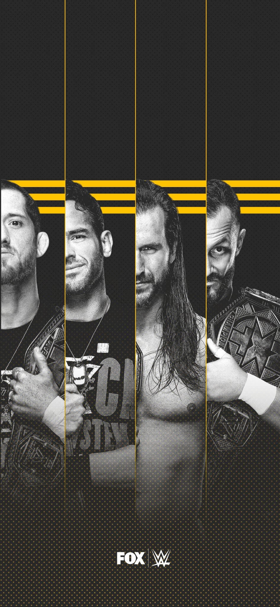 nxt 桌布 壁紙 — 四位WWE摔角手以黑白配色搭配金色條紋，在深色紋理背景上手持冠軍腰帶。