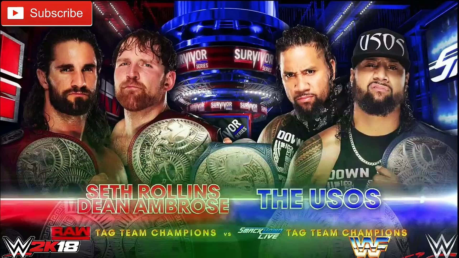 seth rollins 桌布 壁紙 — 四位WWE摔角手帶著冠軍腰帶在充滿活力的場館環境中激烈擺姿勢。