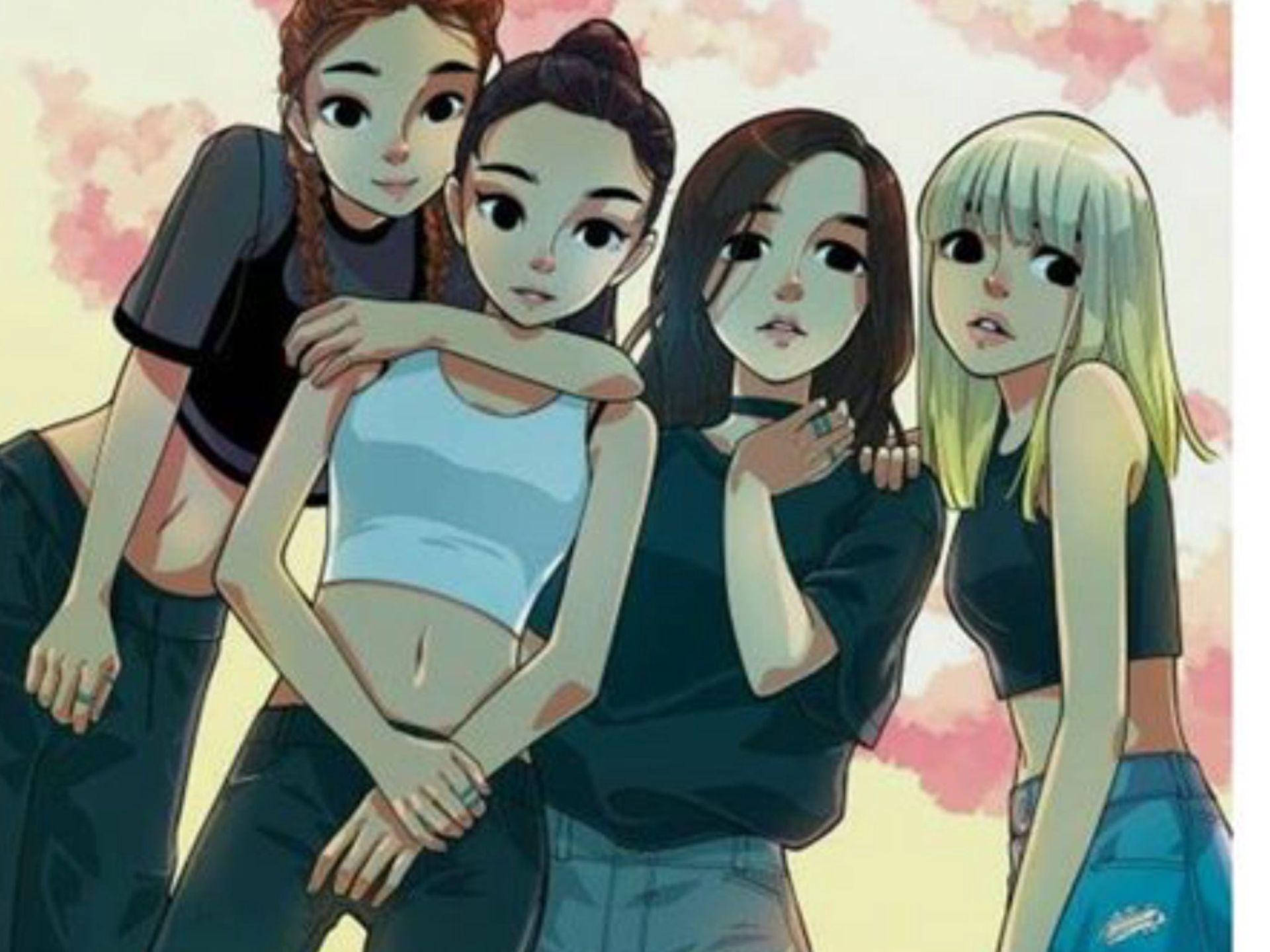 四位動漫風格女孩在暖色調的戶外場景中緊密站在一起。 — Blackpink 動畫 GIF 壁紙
