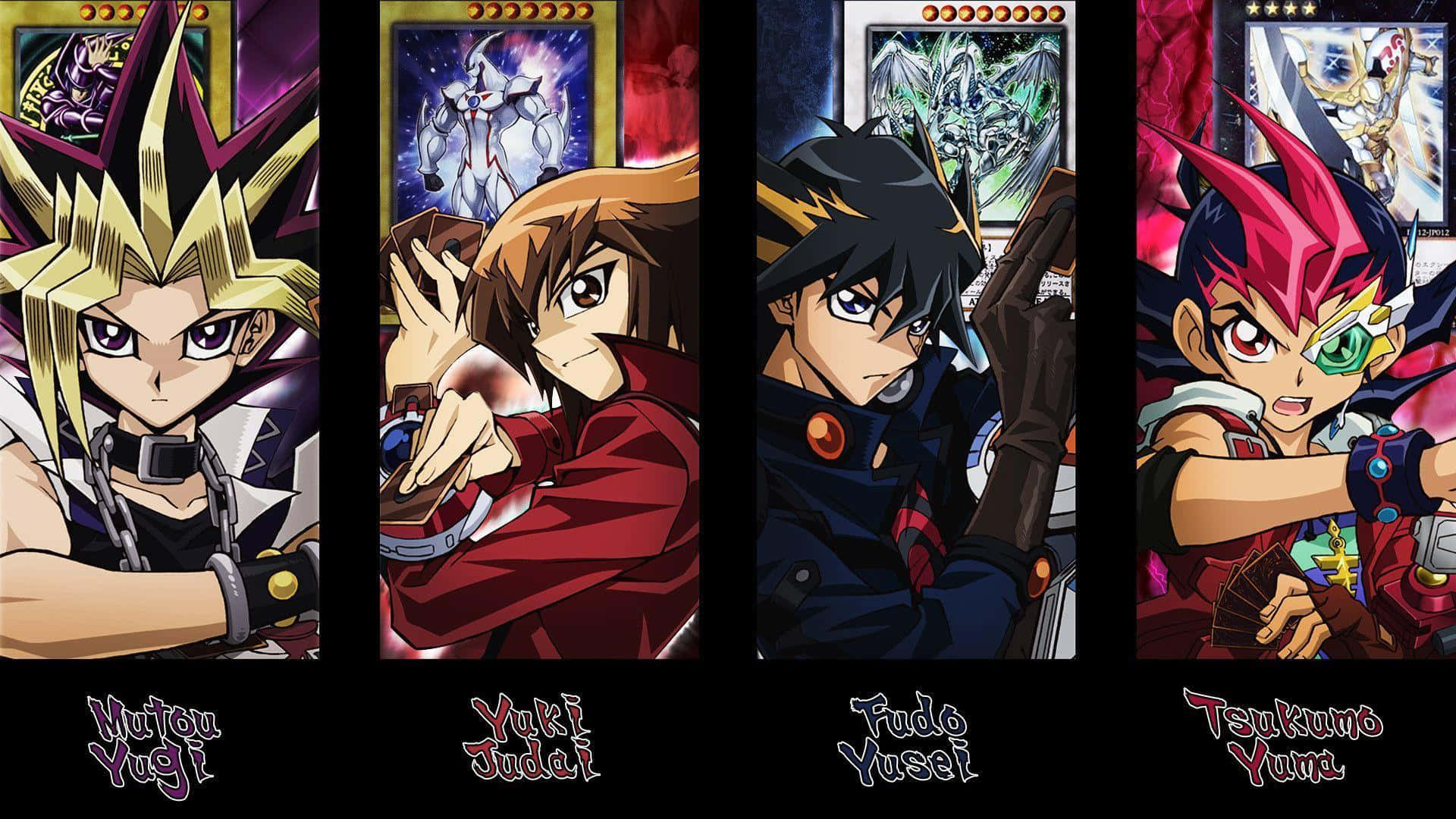 Yugioh 桌布 壁紙 — 四位來自《遊戲王》的動畫決鬥者以動態姿勢站立，身後有發光的卡牌。