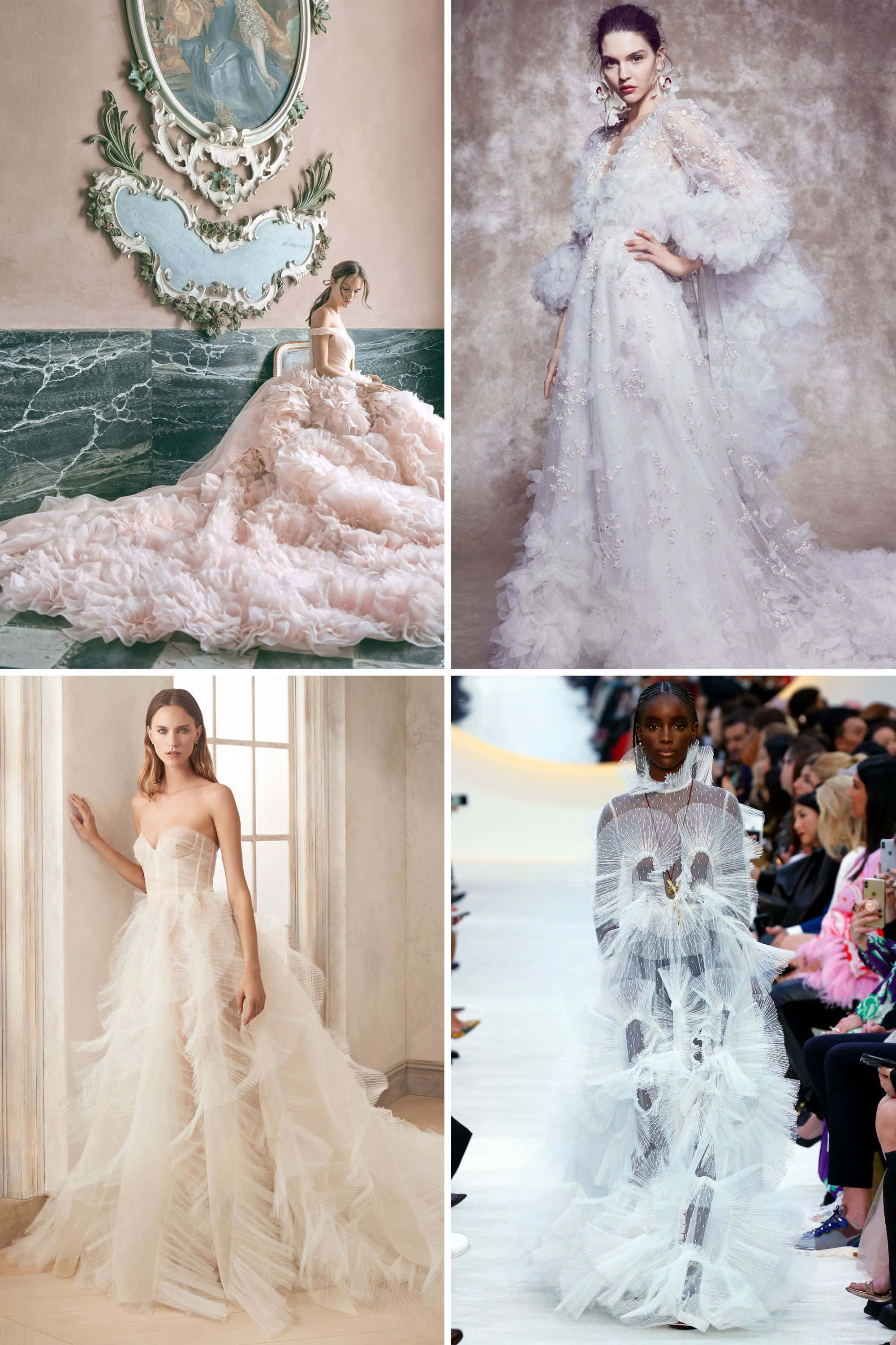 Bride's Dress 桌布 壁紙 — 四位優雅模特兒在華麗室內和伸展台上展示奢華白色和淡粉紅禮服。