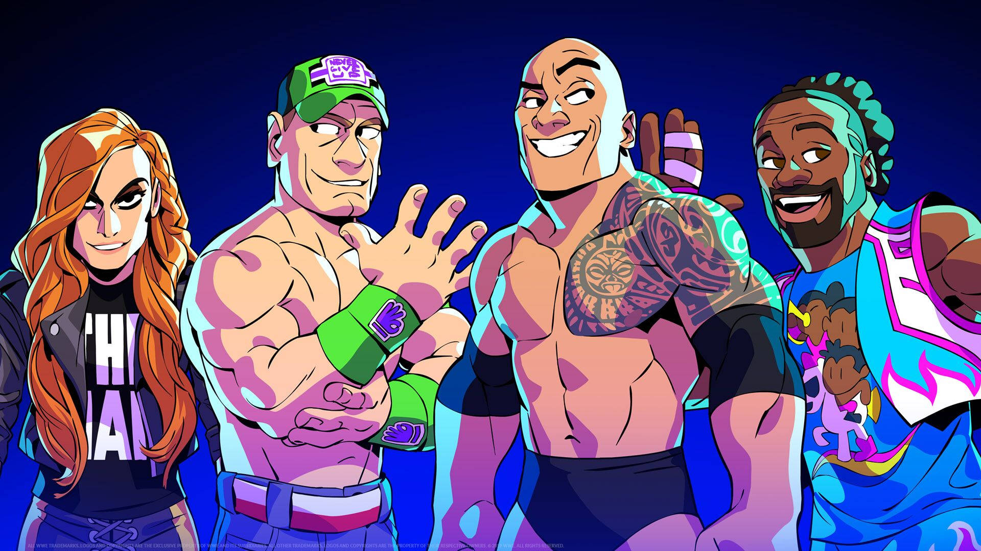 WWE 桌布 壁紙 — 四位充滿活力的動漫風格摔角手在深藍色背景上自信地擺姿勢，帶有霓虹燈亮點。
