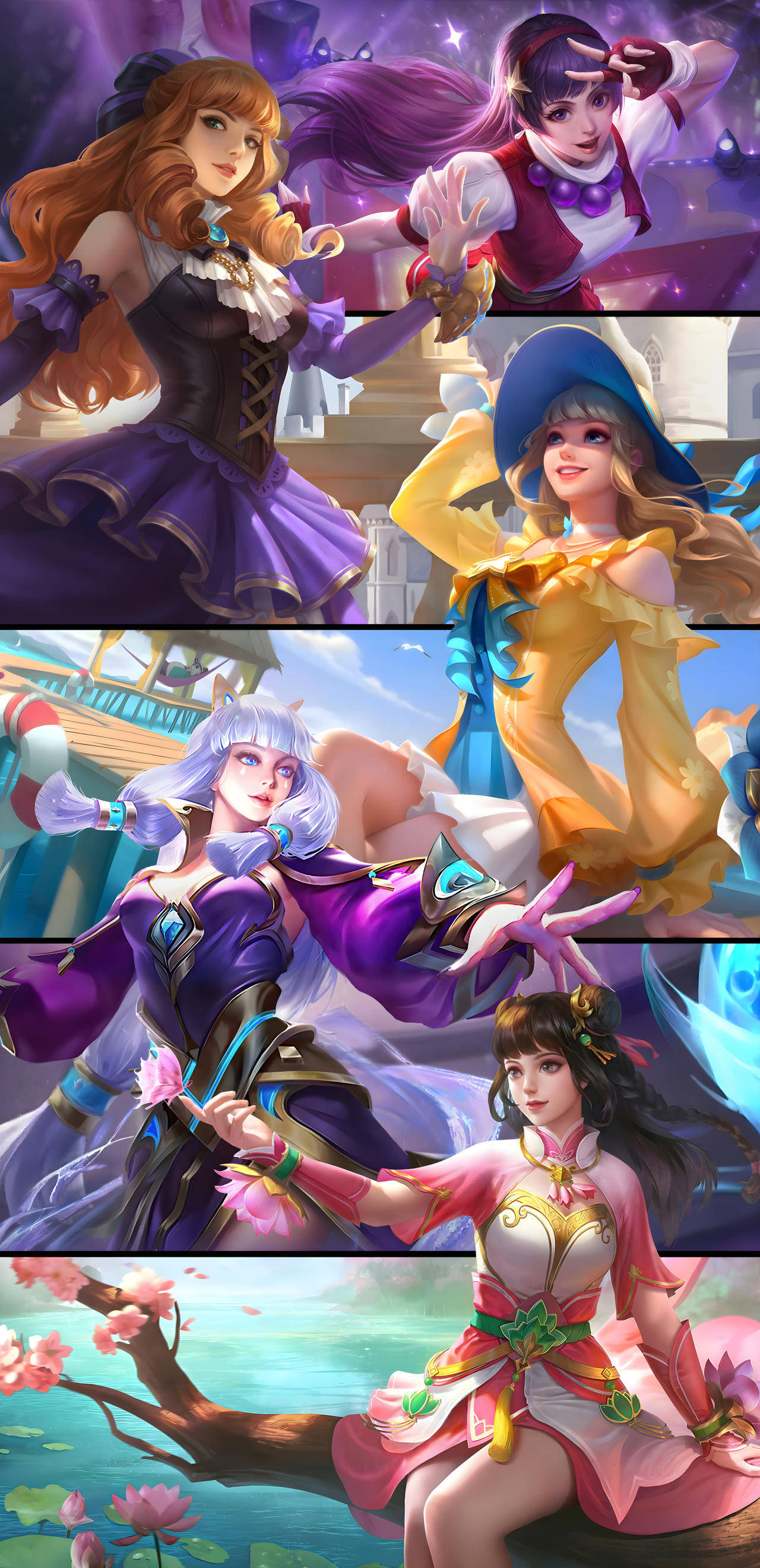 Guinevere 桌布 壁紙 — 四位充滿活力的動畫女主角穿著色彩繽紛的奇幻服裝，在魔法背景前動態擺姿勢。