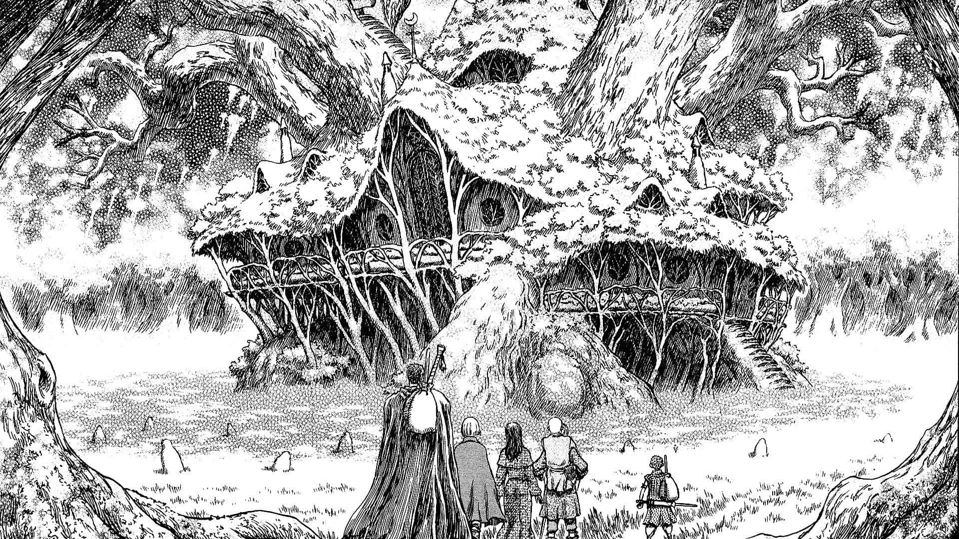 Manga Pages 桌布 壁紙 — 四位冒險家站在一座隱藏在茂密森林中的巨大樹屋前，以精細的黑白線條藝術呈現。