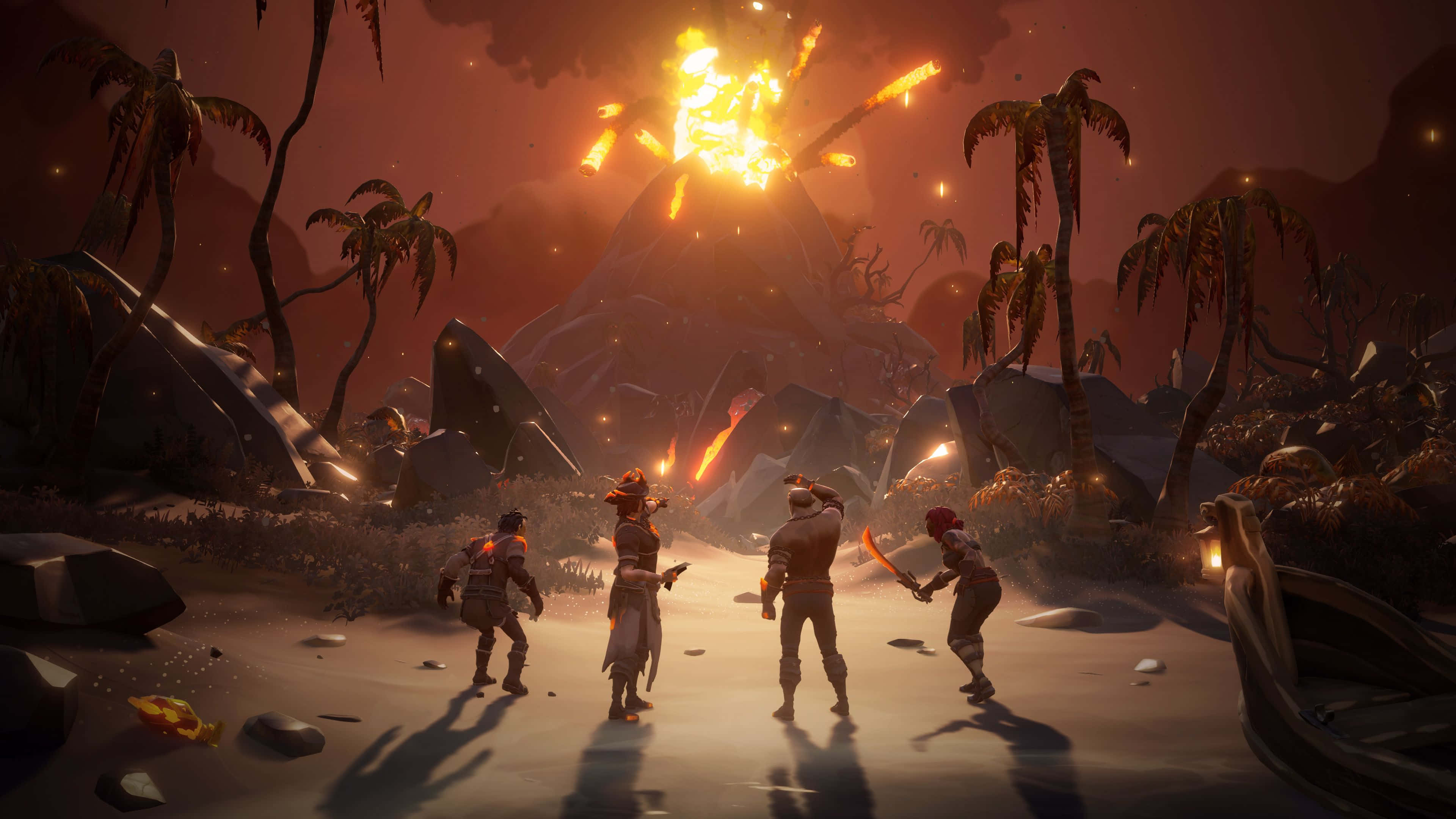Xbox Games 桌布 壁紙 — 四位冒險家站在火山海灘上，巨大的火山爆發將熾熱的熔岩噴向天空。