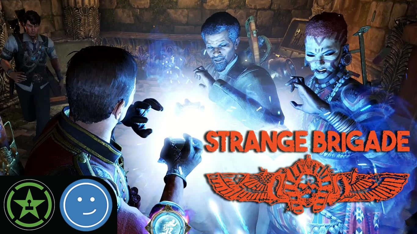 1366x768 Strange Brigade 桌布 壁紙 — 四位冒險者在石室中圍繞中央咒語釋放出發光的藍色魔法。