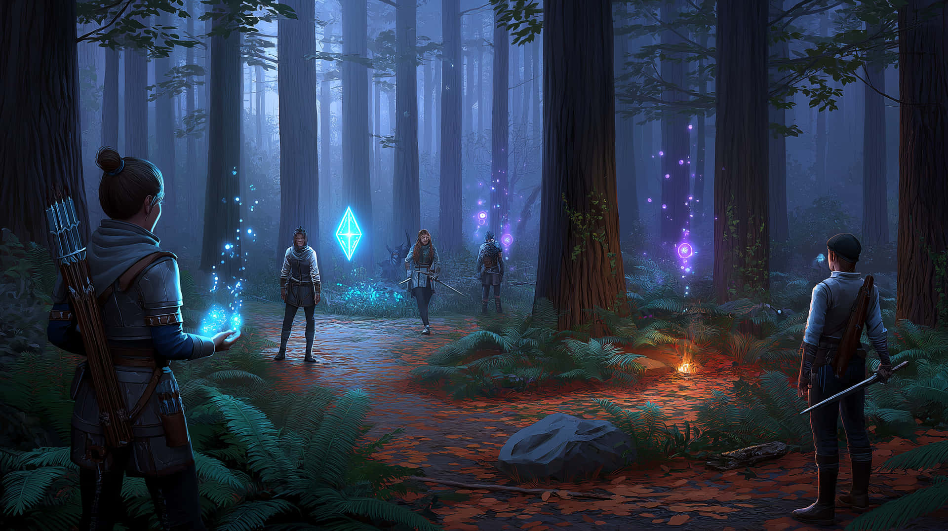 Enchanted Forest Gathering 壁紙 — 四位冒險者在迷霧森林中遇到發光的魔法水晶和高聳樹木下的小營火。