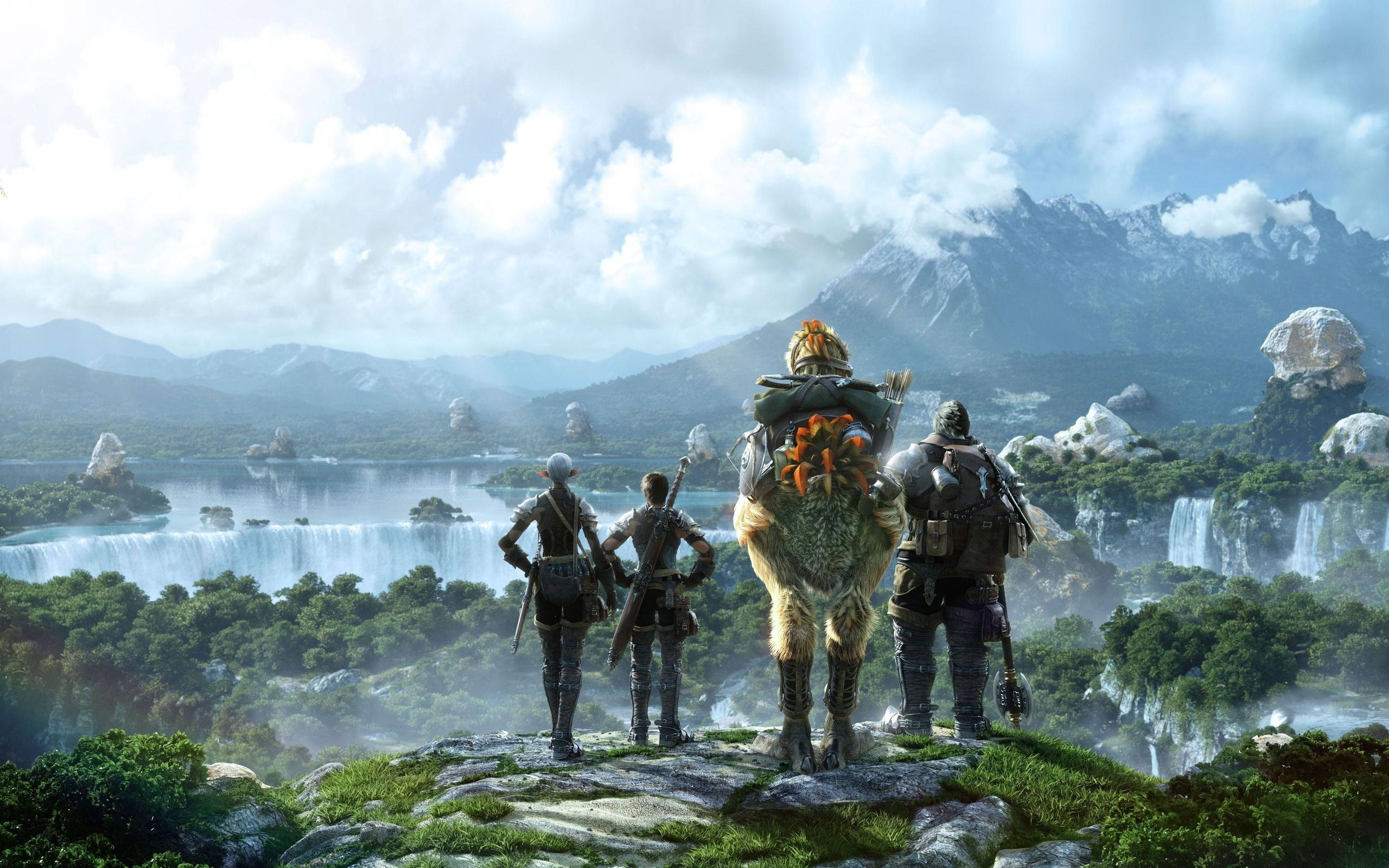 Ff14 桌布 壁紙 — 四位冒險者站在懸崖頂上，俯瞰著一個廣闊的山谷，其中有瀑布、山脈和漂浮的岩石結構，天空多雲。
