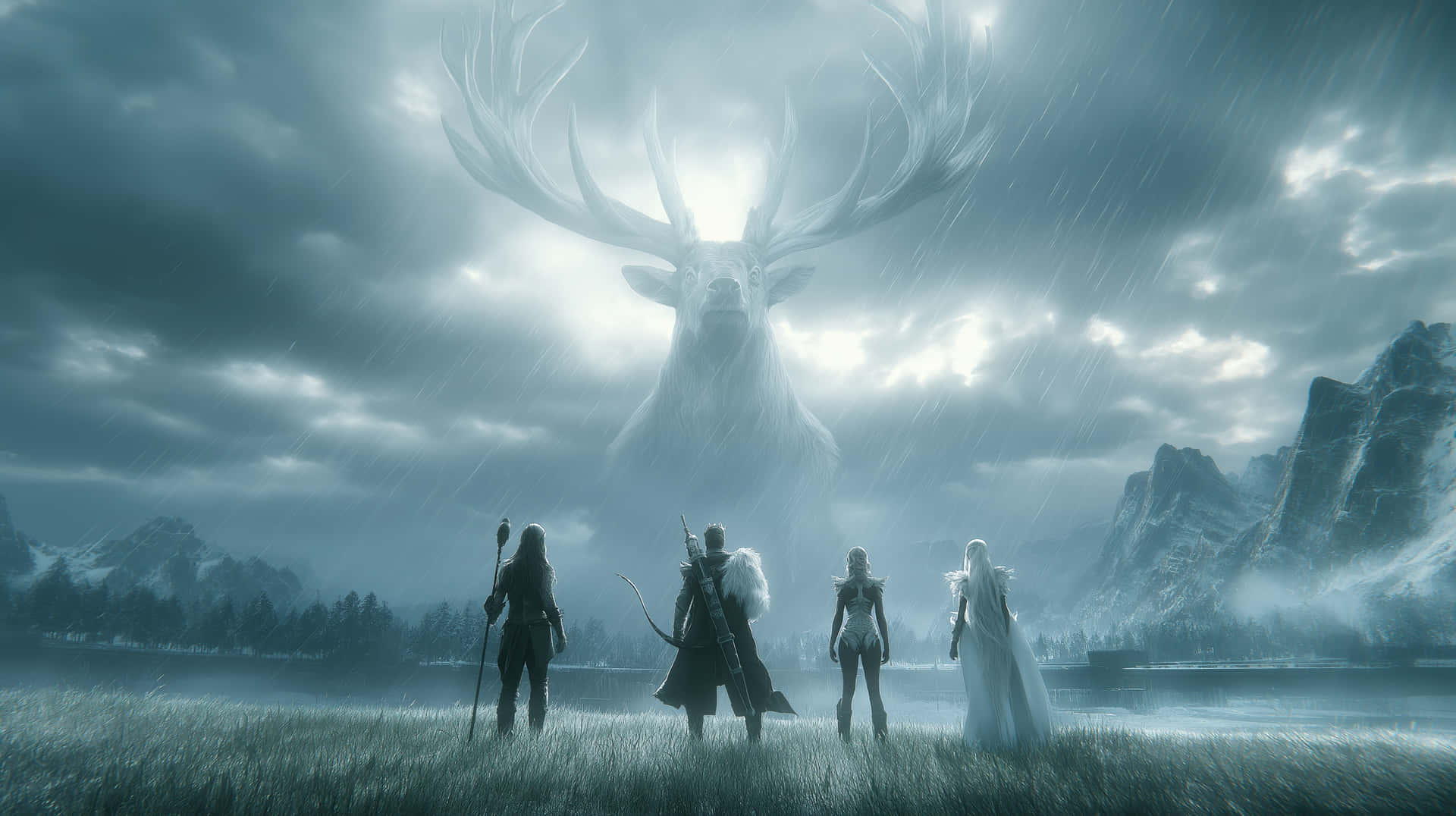Fantasy Heroes Gaze Upon Majestic Spirit Stag in Rain 壁紙 — 四位冒險者站在被雨水浸透的田野上，仰望從山脈上方暴風雲中出現的巨大發光雄鹿。
